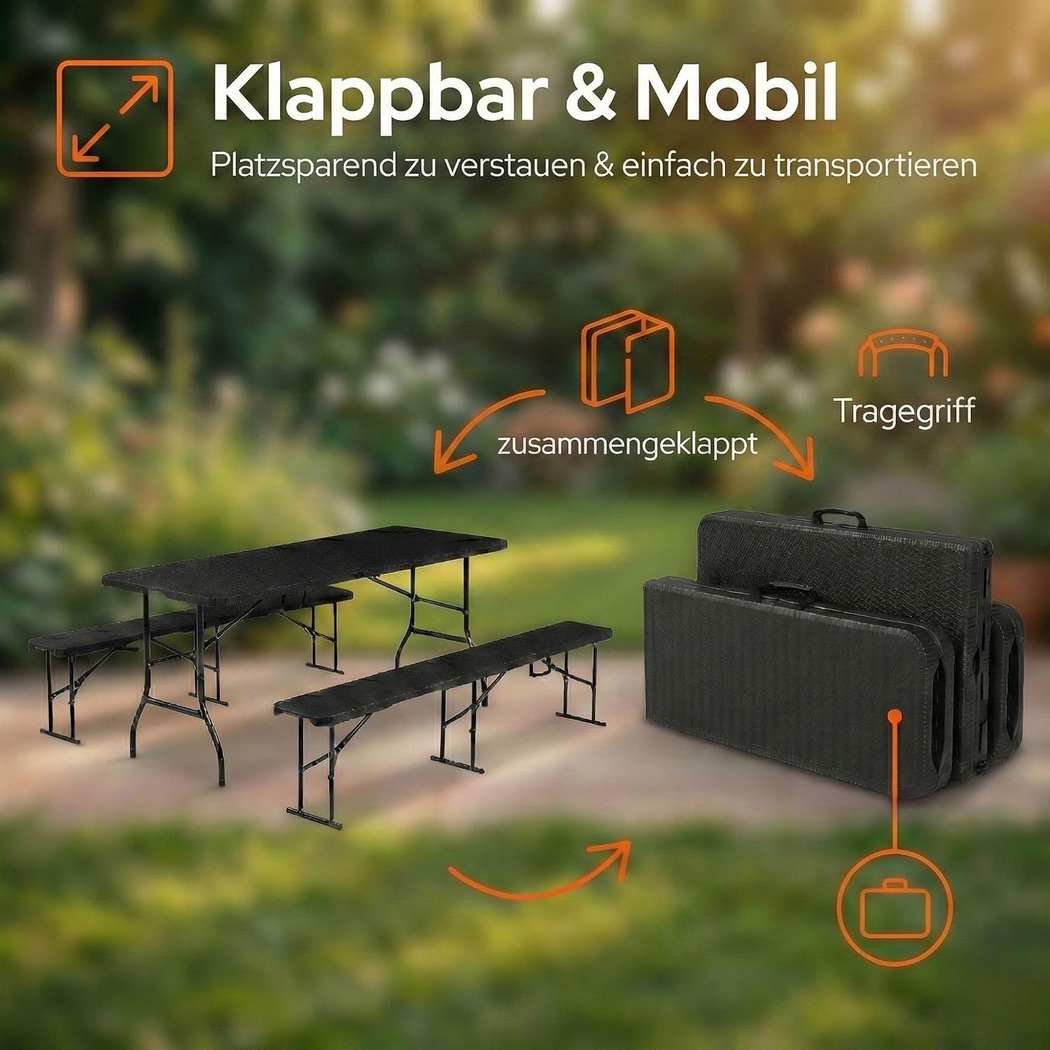  Bierzeltgarnitur 3-teilig klappbar | Stabiler Klapptisch 300 kg & 2 Bierbank 500 kg | Biertischgarnitur für 10 Personen | Camping Tisch Outdoor | Biertisch 182 cm | Garten Möbel Set