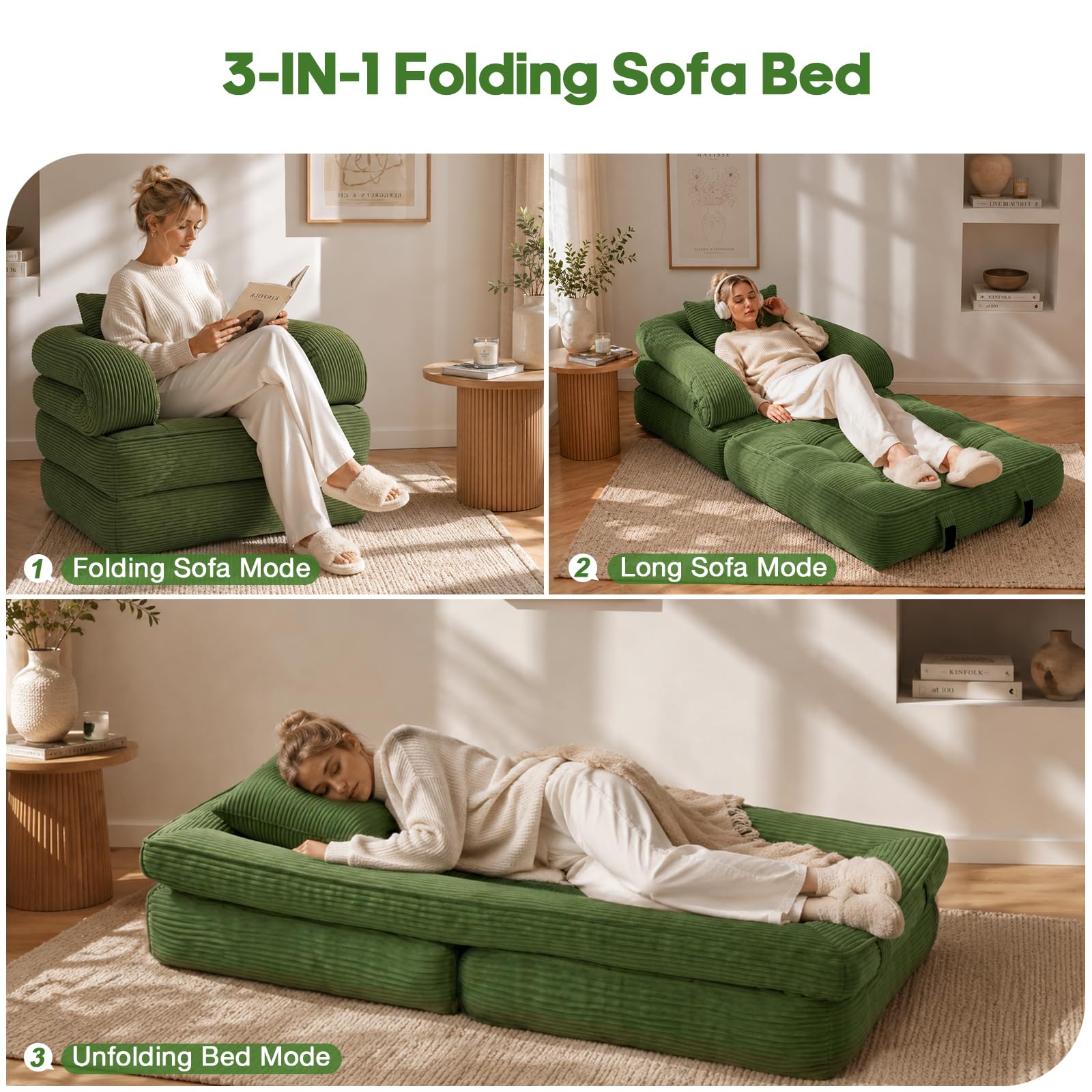 Folding Sofa Bed, Convertible Sleeper Chair with Armrests for Adults, Foldable Corduroy Boneless Bed, 3-in-1 Portable Futon Couch Floor Sofa with Pillow for Bedroom, Living Room, Dark Green