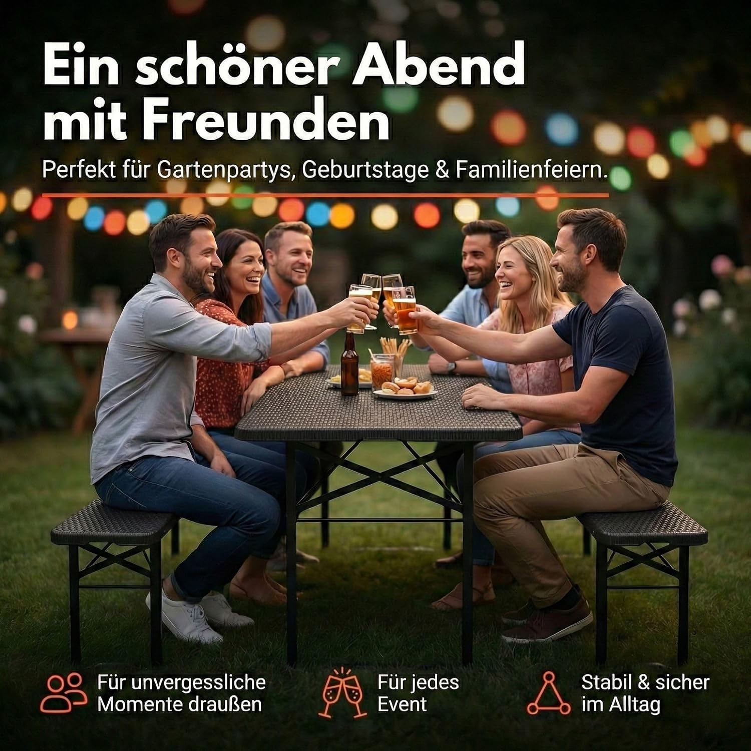  Bierzeltgarnitur 3-teilig klappbar | Stabiler Klapptisch 300 kg & 2 Bierbank 500 kg | Biertischgarnitur für 10 Personen | Camping Tisch Outdoor | Biertisch 182 cm | Garten Möbel Set