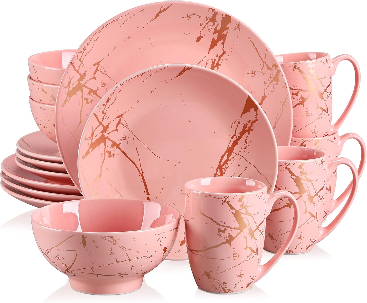 Black Plates and Bowls Sets for 4, Porcelain Dinnerware Sets 16 Piece Gold Splash Glaze Ceramic Dish Set, Round Dinner Set with Mugs, Dishwasher Microwave Safe