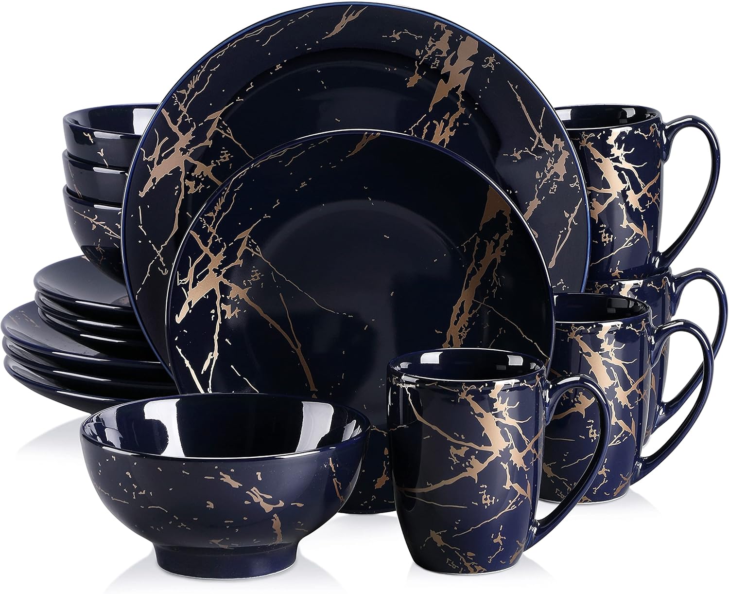 Black Plates and Bowls Sets for 4, Porcelain Dinnerware Sets 16 Piece Gold Splash Glaze Ceramic Dish Set, Round Dinner Set with Mugs, Dishwasher Microwave Safe
