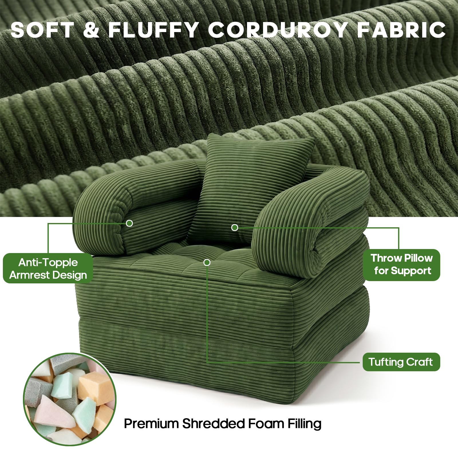 Folding Sofa Bed, Convertible Sleeper Chair with Armrests for Adults, Foldable Corduroy Boneless Bed, 3-in-1 Portable Futon Couch Floor Sofa with Pillow for Bedroom, Living Room, Dark Green