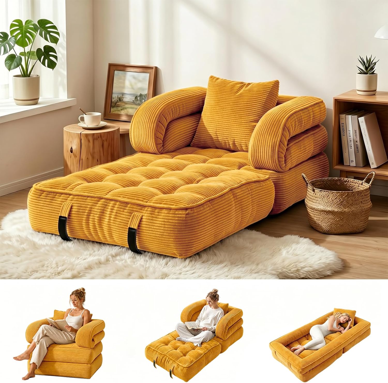 Folding Sofa Bed, Convertible Sleeper Chair with Armrests for Adults, Foldable Corduroy Boneless Bed, 3-in-1 Portable Futon Couch Floor Sofa with Pillow for Bedroom, Living Room, Dark Green