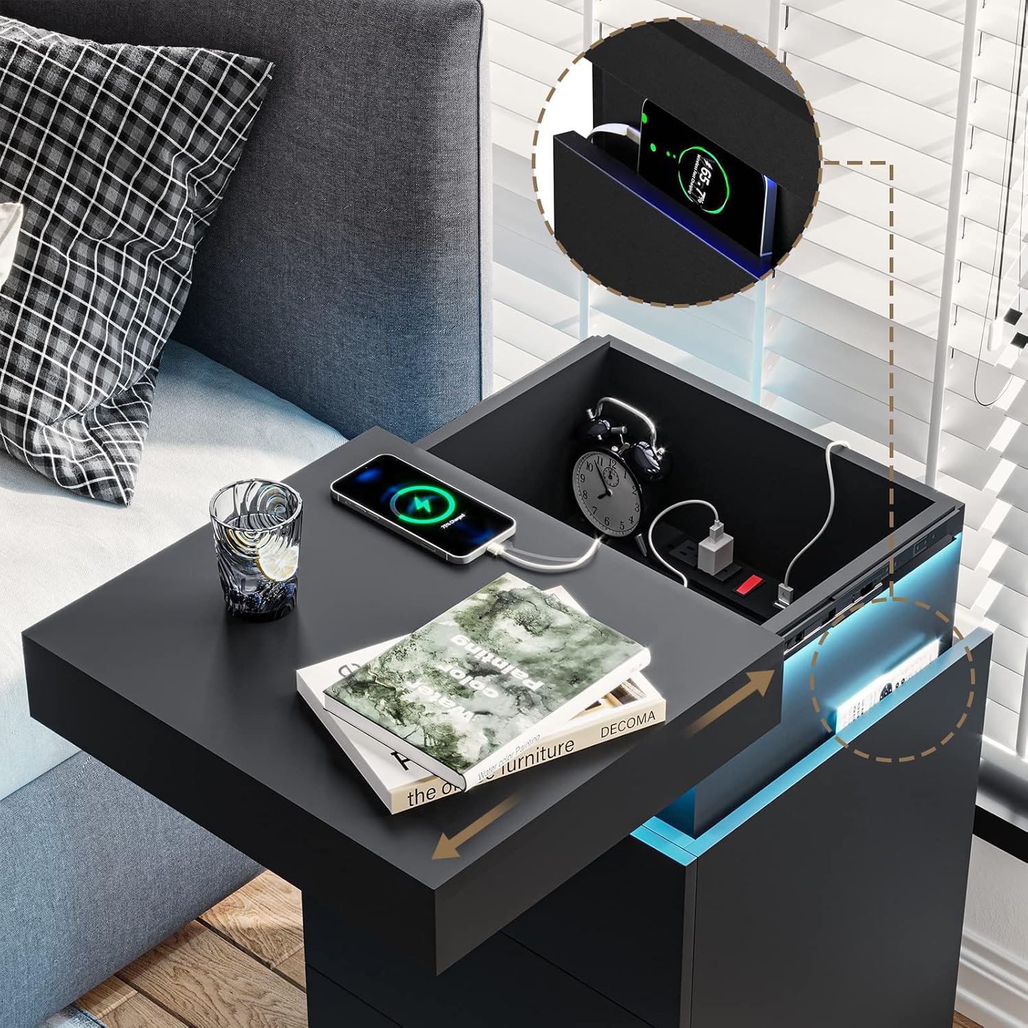 Black Nightstand with Charging Station and LED Lights | Modern Night Stand with Sliding Top,Bedside Table with Drawers,Bed Side Tables Bedroom