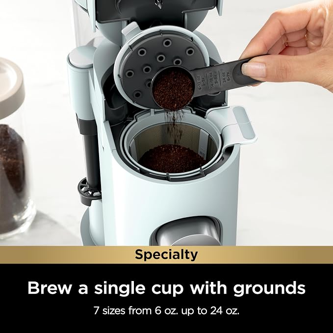  Grounds Specialty Single-Serve Coffee Maker, Compatible with K-Cups, Built-In Milk Frother, 6-oz. Cup to 24-oz. Travel Mug Sizes, Iced Coffee Maker, Glacier Blue
