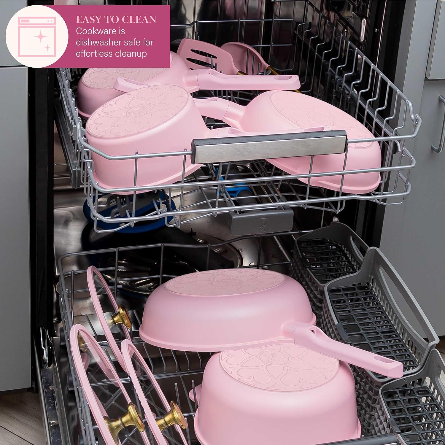 Paris Hilton Ceramic Nonstick Pots and Pans, Cookware Set, Cast Aluminum With Dual Layer Non Stick Coating, Made Without PFAS PFOA PFOS And PTFE, Dishwasher Safe, 10-Piece, Pink