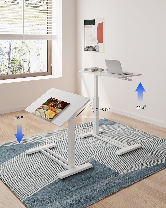 FLEXISPOT H7 PRO Mobile Standing Desk Adjustable Overbed Table Pneumatic with Wheels 90°Tiltable Portable Laptop Desk Rolling Computer Cart Foldable Bedside Table(27.6" W x 15.7" D, White)