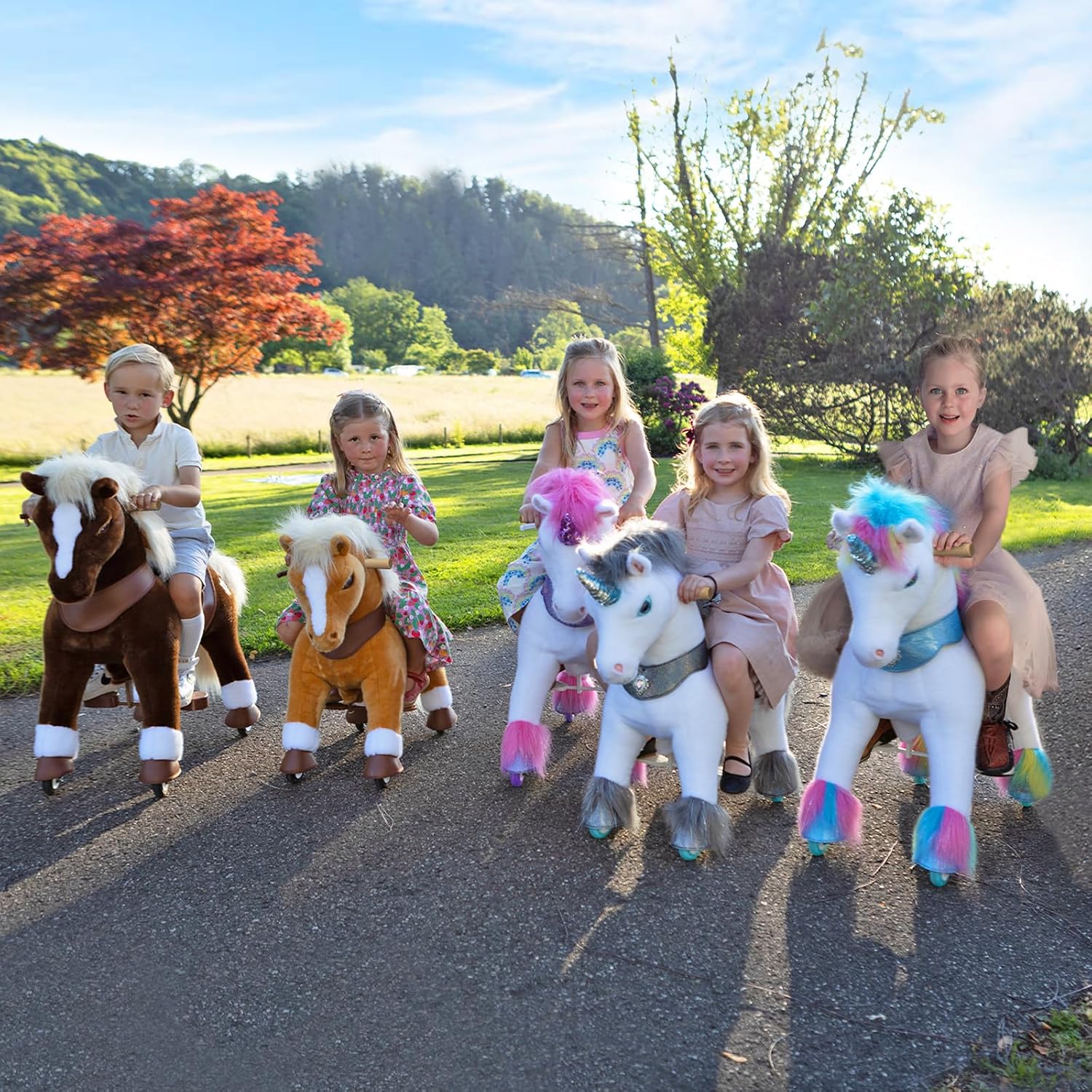  🎉 (Summer Sale!) 🎉Interactive Mechanical Riding Horse Toy with Brake – Non-Electric Plush Ride-On Pony for Kids Ages 4-7 (Brown)