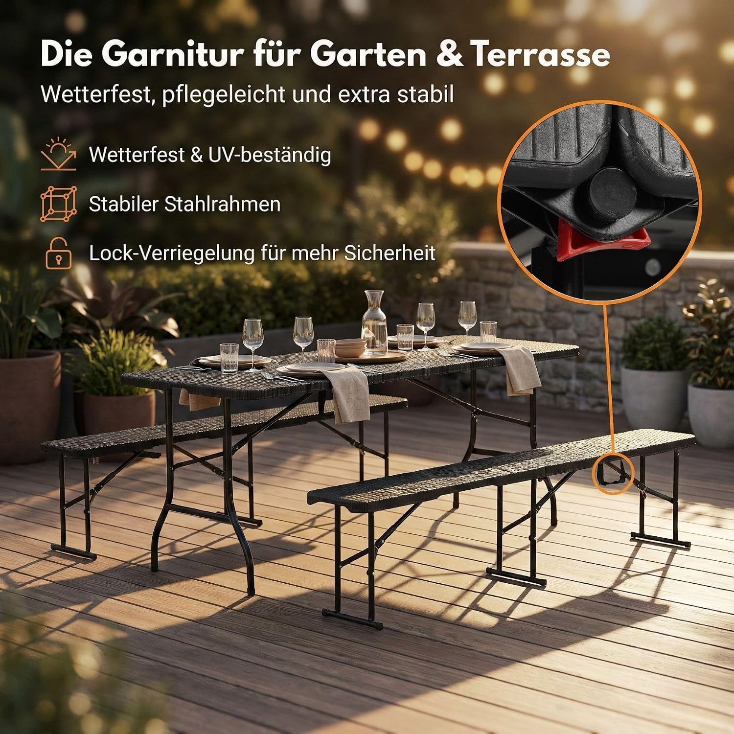  Bierzeltgarnitur 3-teilig klappbar | Stabiler Klapptisch 300 kg & 2 Bierbank 500 kg | Biertischgarnitur für 10 Personen | Camping Tisch Outdoor | Biertisch 182 cm | Garten Möbel Set