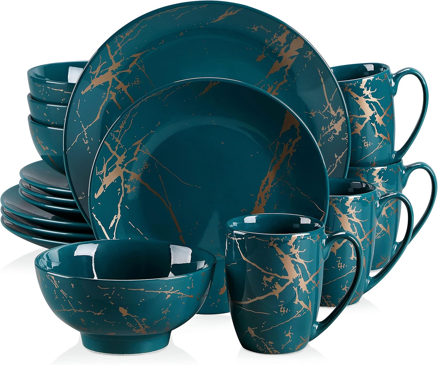 Black Plates and Bowls Sets for 4, Porcelain Dinnerware Sets 16 Piece Gold Splash Glaze Ceramic Dish Set, Round Dinner Set with Mugs, Dishwasher Microwave Safe