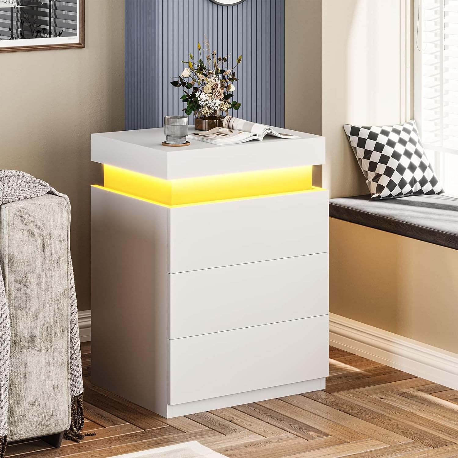 Black Nightstand with Charging Station and LED Lights | Modern Night Stand with Sliding Top,Bedside Table with Drawers,Bed Side Tables Bedroom