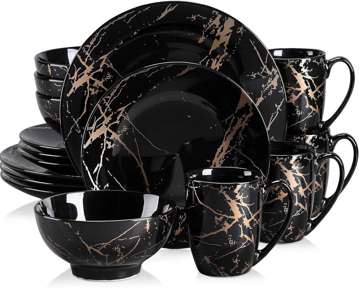 Black Plates and Bowls Sets for 4, Porcelain Dinnerware Sets 16 Piece Gold Splash Glaze Ceramic Dish Set, Round Dinner Set with Mugs, Dishwasher Microwave Safe