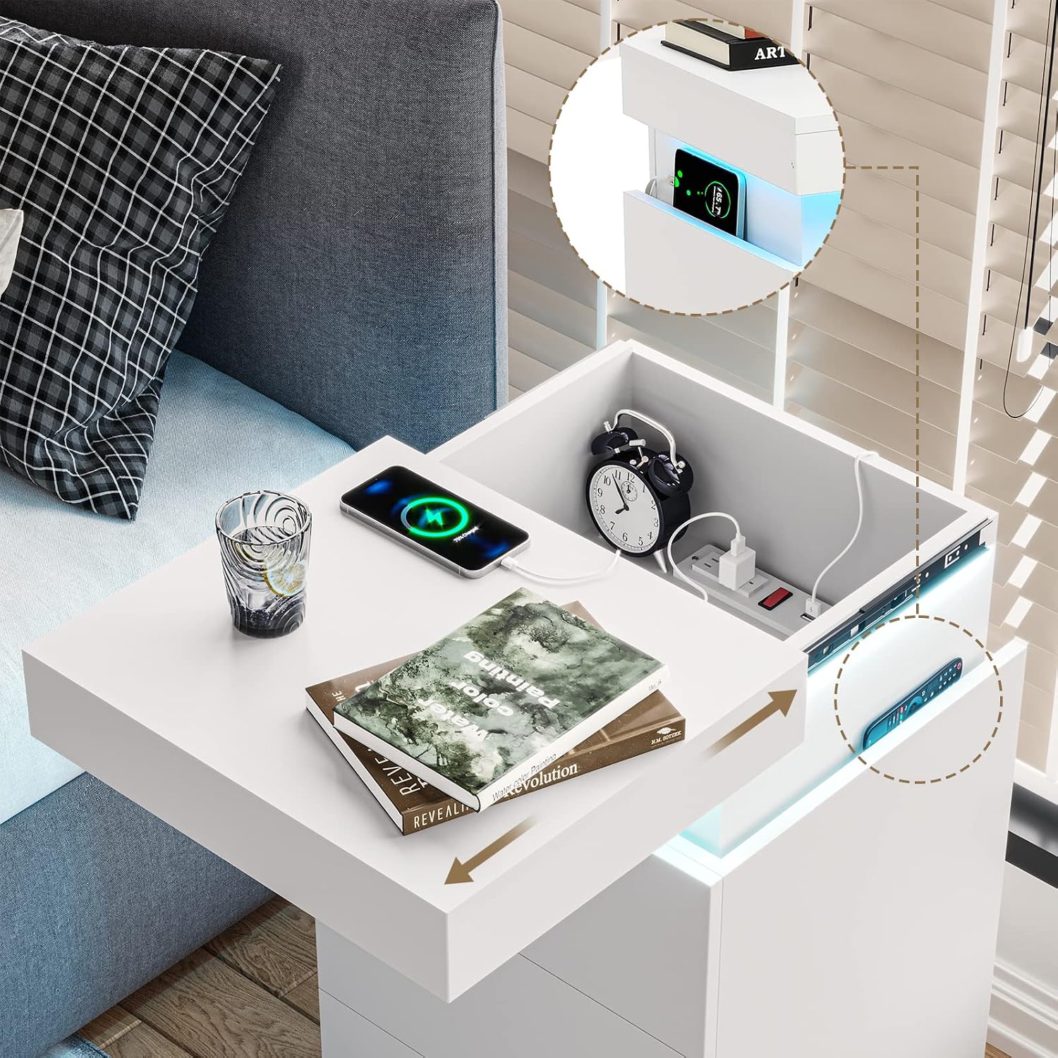 Black Nightstand with Charging Station and LED Lights | Modern Night Stand with Sliding Top,Bedside Table with Drawers,Bed Side Tables Bedroom