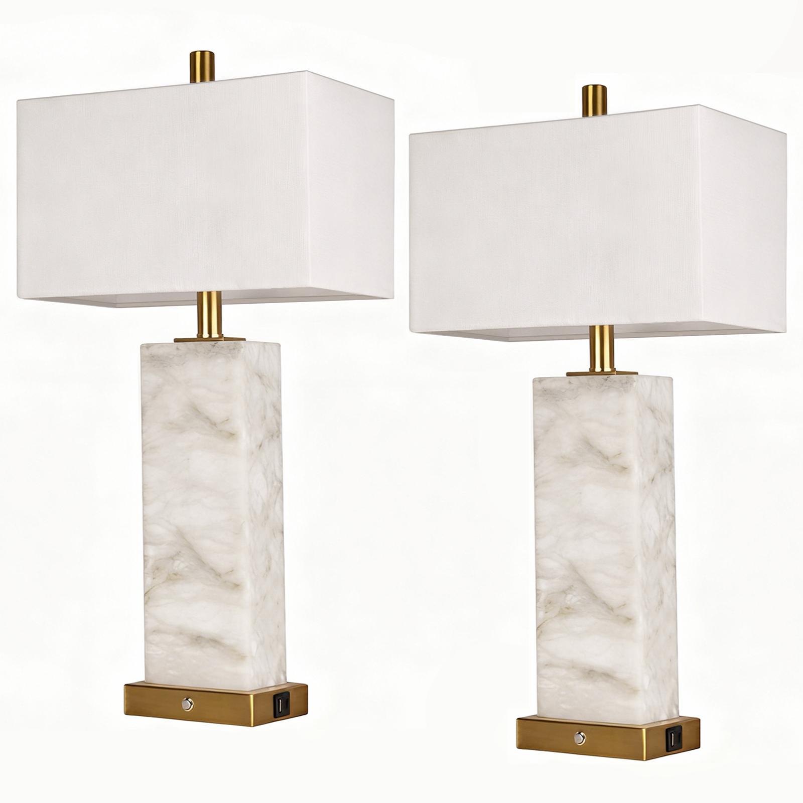 DEMILARE 2-Piece Natural Marble Alabaster LED Table Lamp Sets - 3-Color Temperature, Nightlight Mode, Fastcharging USB Ports, AC Power Supply, Adjustable Modern Artistic Novelty Led Light for Home Bedroom House Decor,BackToSchool