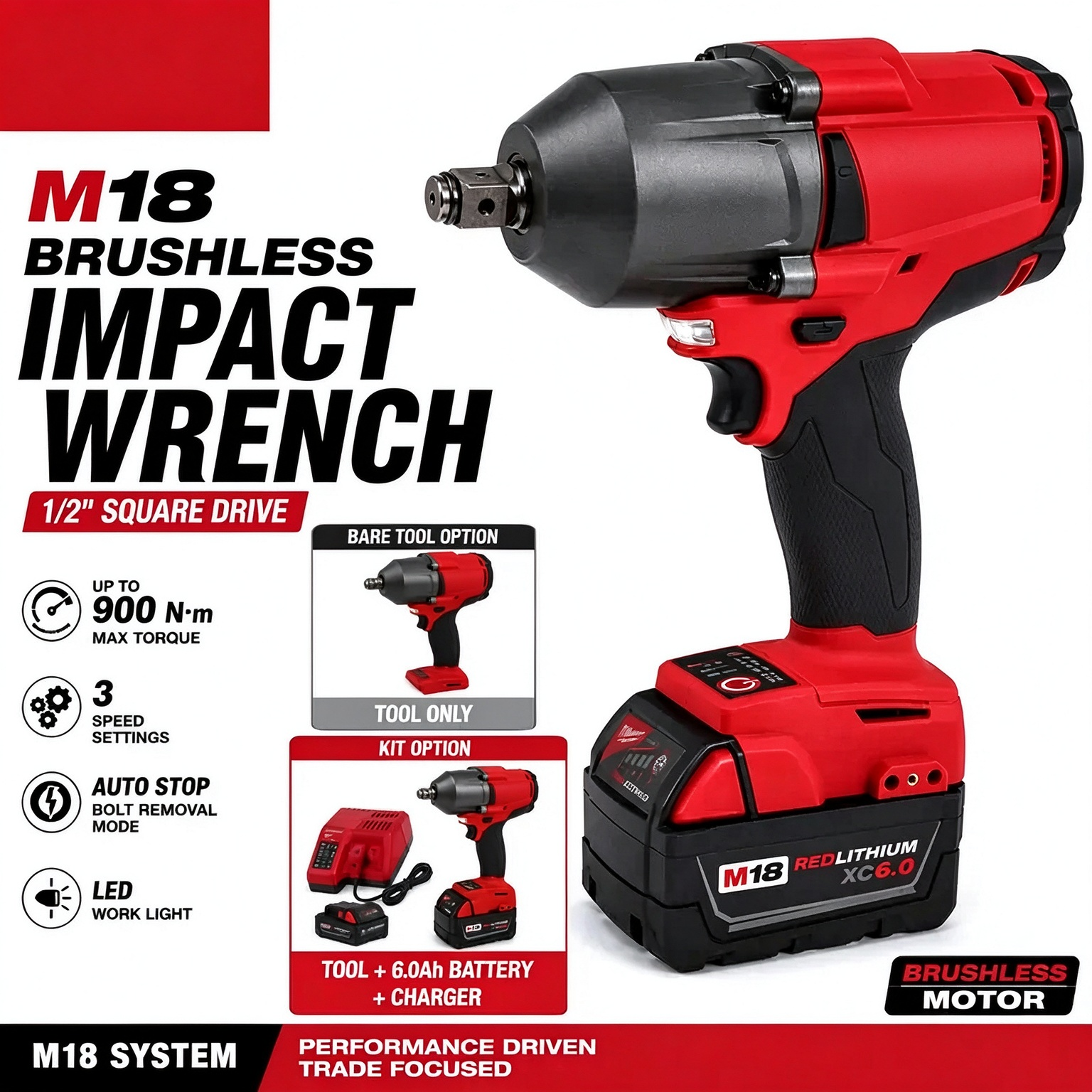 M18 Series Brushless Impact Wrench - 1/2 in Square Drive, Max 900Nm