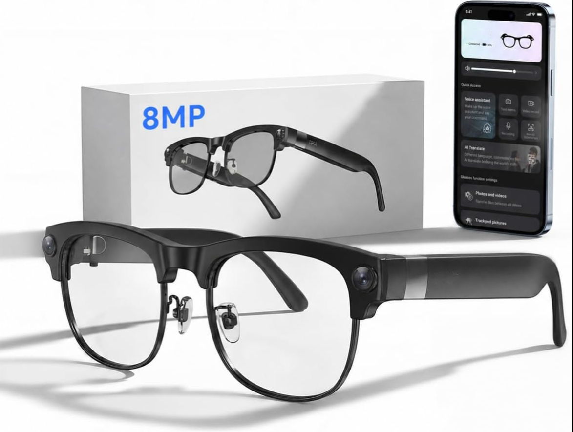 AI Smart Glasses with Camera and Bluetooth –  Camera Glasses for Men & Women, Video Recording Glasses with Continuous Voice Assistant, AI Translation, IP54, for Travel, Work, Music, Vlog