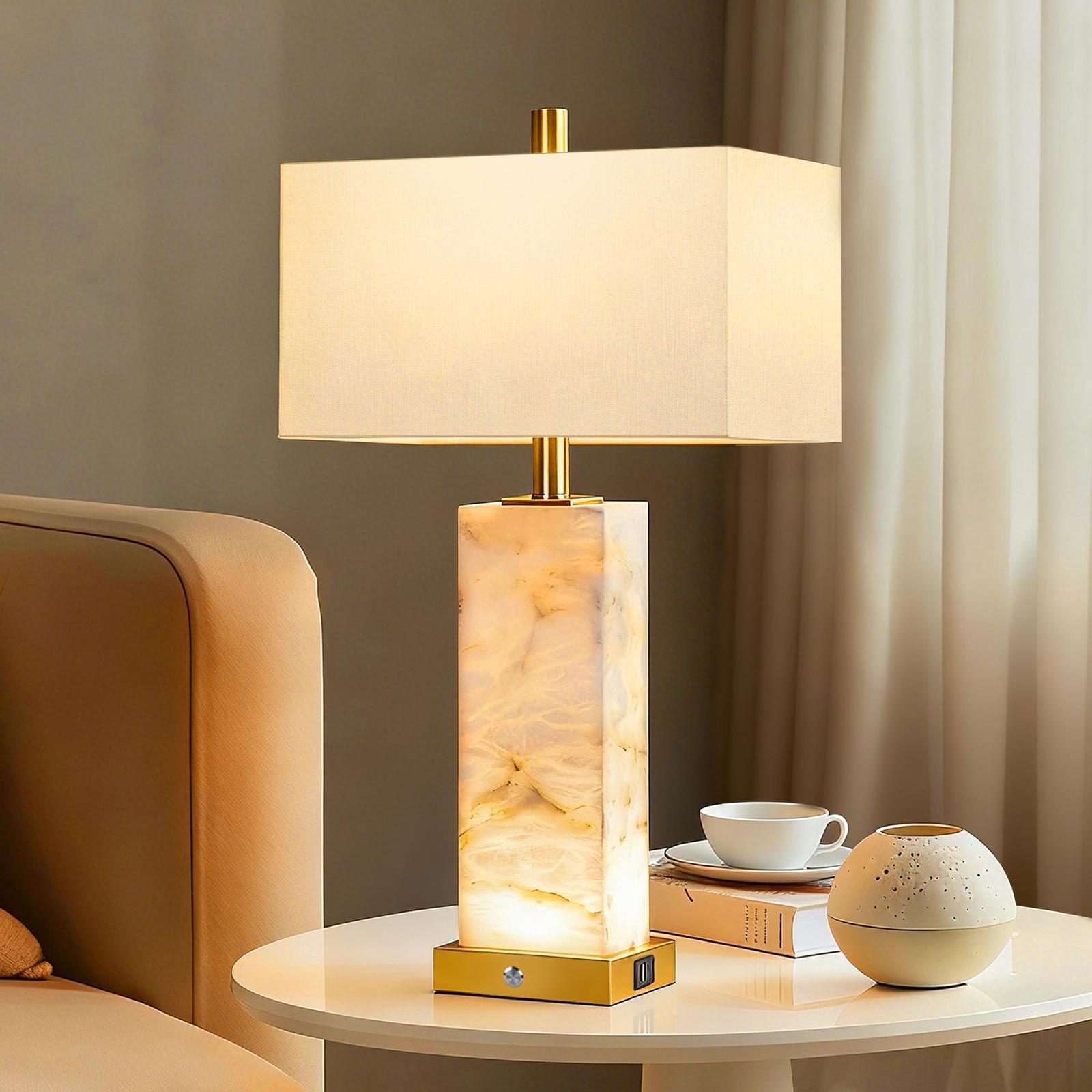 DEMILARE 2-Piece Natural Marble Alabaster LED Table Lamp Sets - 3-Color Temperature, Nightlight Mode, Fastcharging USB Ports, AC Power Supply, Adjustable Modern Artistic Novelty Led Light for Home Bedroom House Decor,BackToSchool
