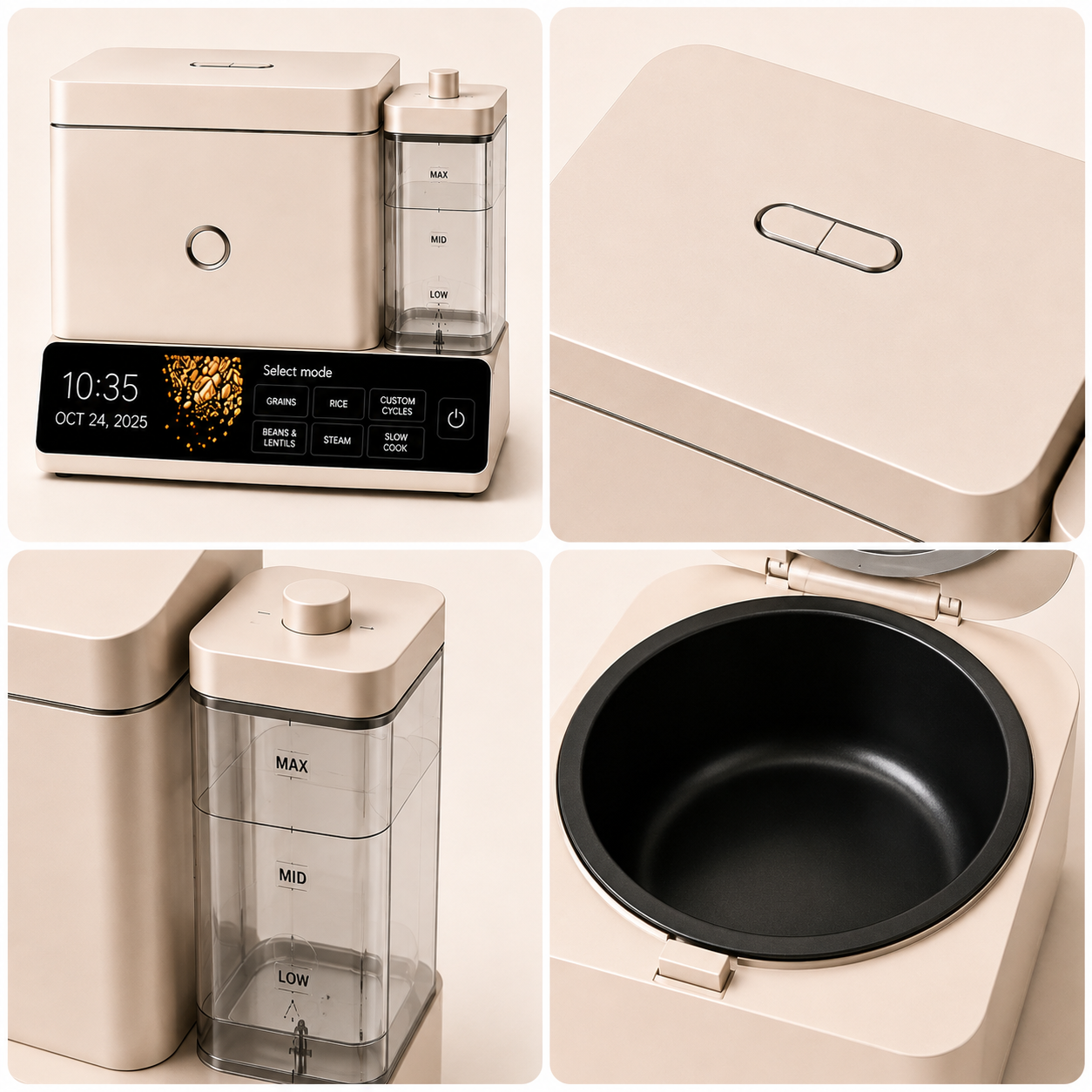 Cup Grain and Rice Cooker, Integrated Scale, Black Matte | Automatically Sensing Grain-to-Liquid Ratio, Removable Steamer Basket, Water tank, 21 Preset Cooking Options,