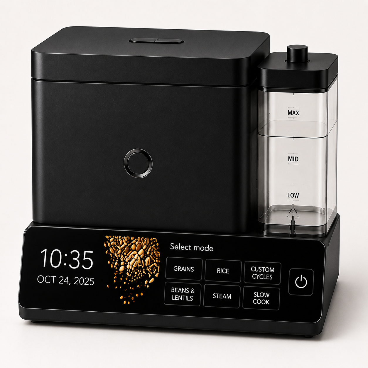 Cup Grain and Rice Cooker, Integrated Scale, Black Matte | Automatically Sensing Grain-to-Liquid Ratio, Removable Steamer Basket, Water tank, 21 Preset Cooking Options,