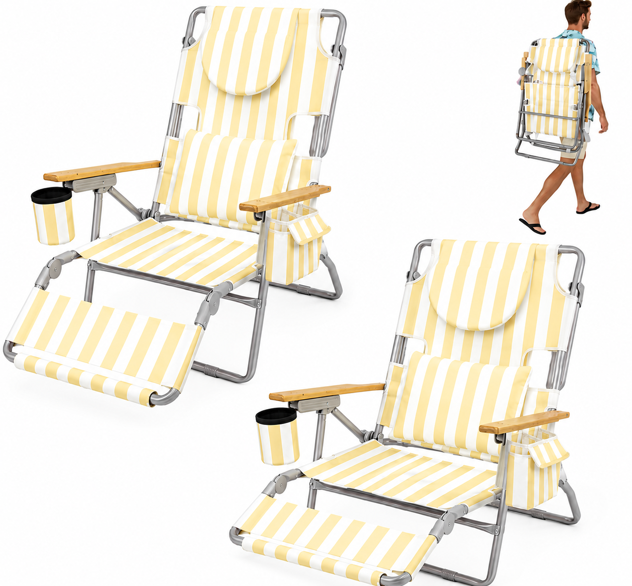 3-in-1 Folding Beach Lounge Chair, Adjustable Backrest & Footrest, Cup Holders, 330 LBS