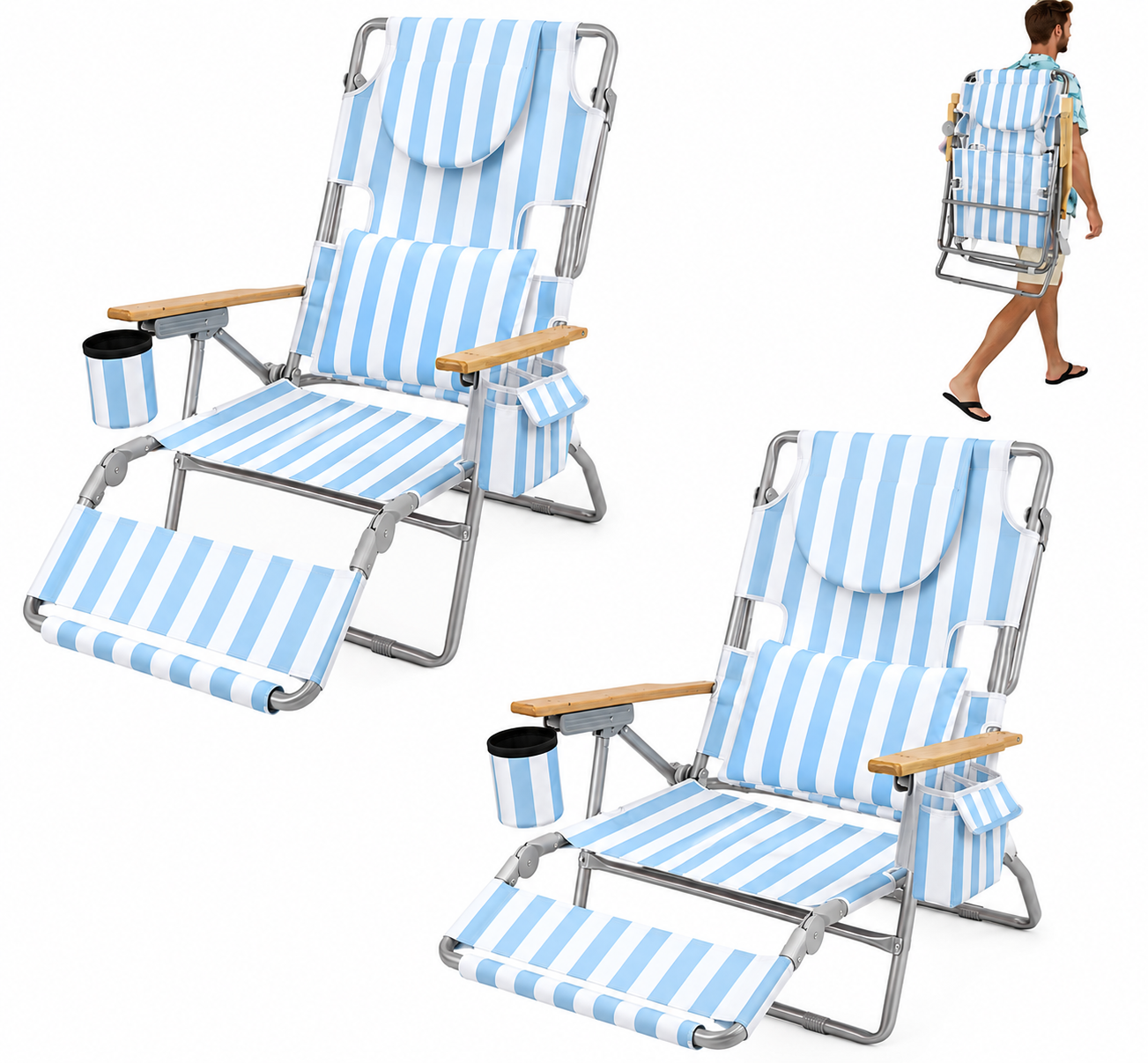 3-in-1 Folding Beach Lounge Chair, Adjustable Backrest & Footrest, Cup Holders, 330 LBS