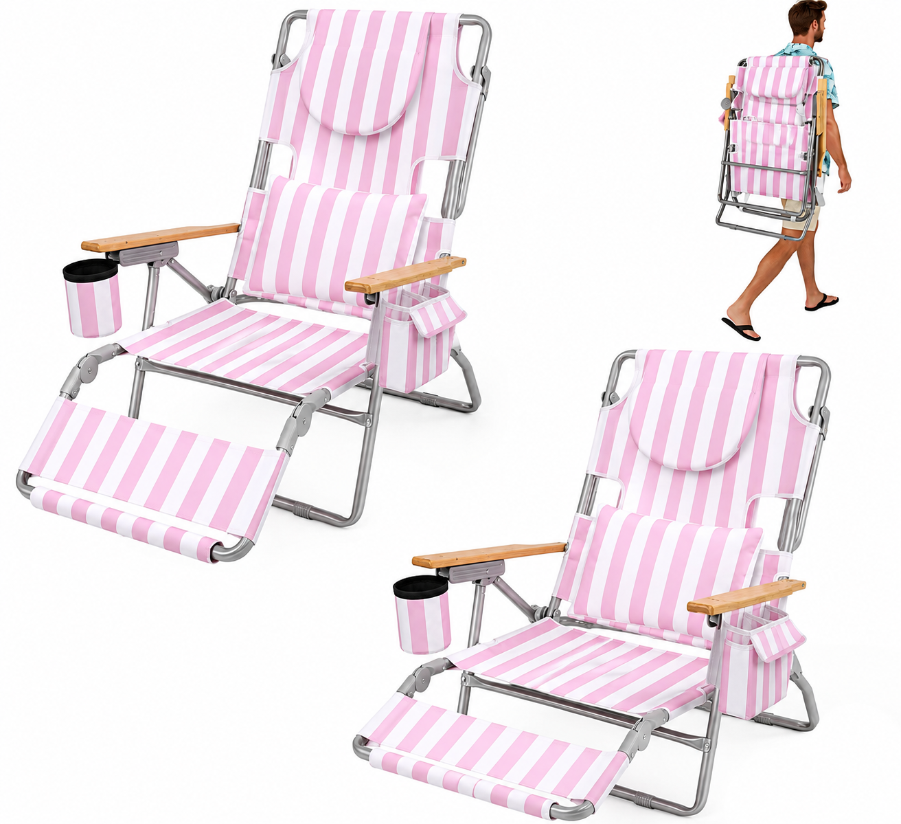 3-in-1 Folding Beach Lounge Chair, Adjustable Backrest & Footrest, Cup Holders, 330 LBS