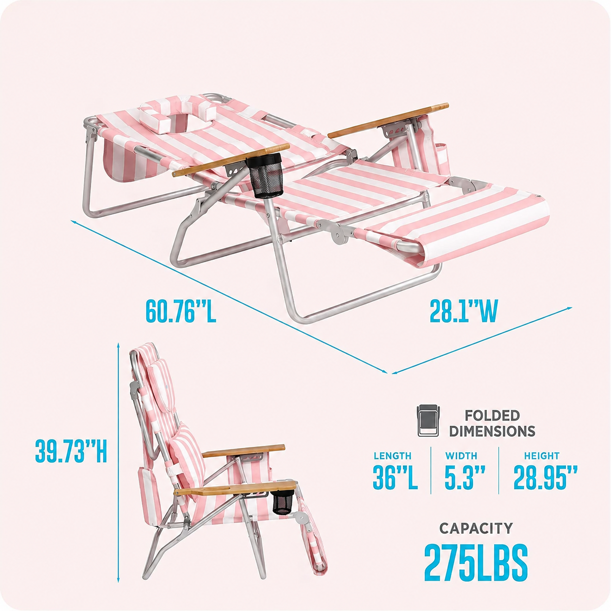 3-in-1 Folding Beach Lounge Chair, Adjustable Backrest & Footrest, Cup Holders, 330 LBS