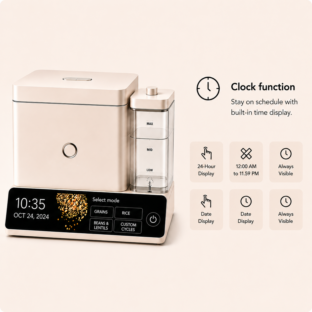 Cup Grain and Rice Cooker, Integrated Scale, Black Matte | Automatically Sensing Grain-to-Liquid Ratio, Removable Steamer Basket, Water tank, 21 Preset Cooking Options,
