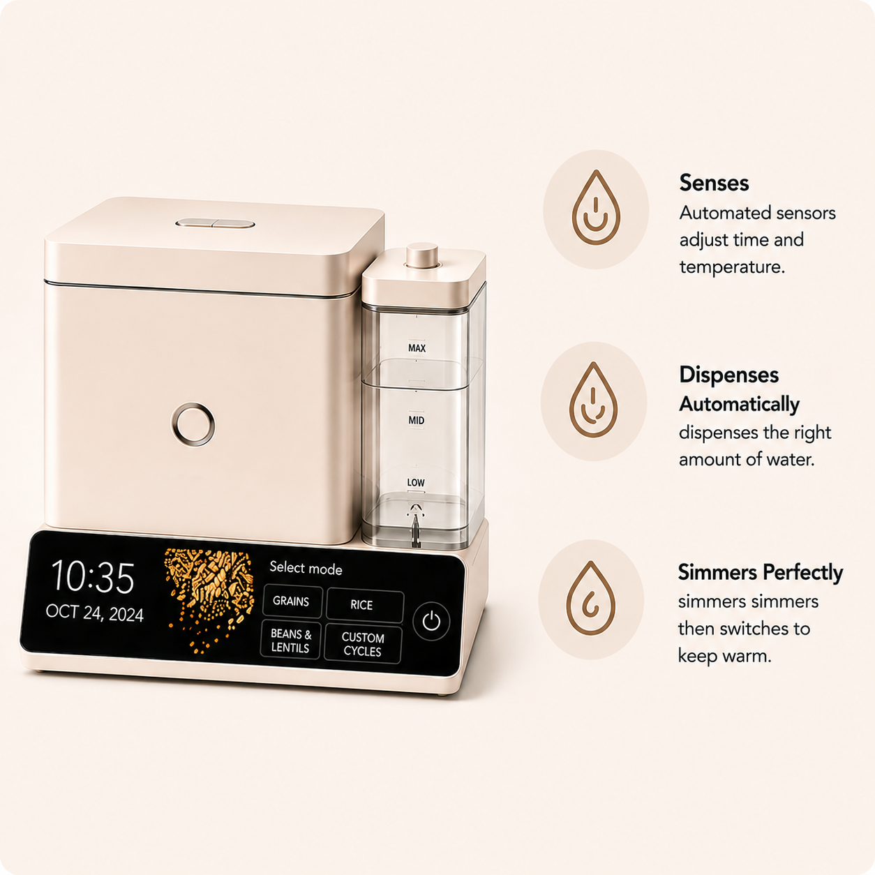 Cup Grain and Rice Cooker, Integrated Scale, Black Matte | Automatically Sensing Grain-to-Liquid Ratio, Removable Steamer Basket, Water tank, 21 Preset Cooking Options,