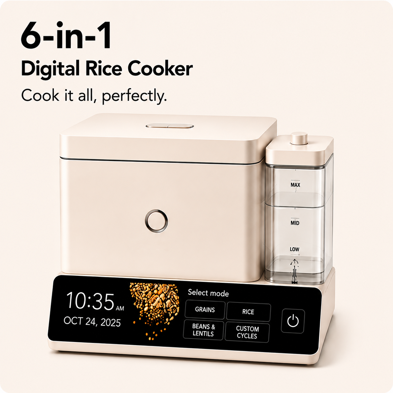 Cup Grain and Rice Cooker, Integrated Scale, Black Matte | Automatically Sensing Grain-to-Liquid Ratio, Removable Steamer Basket, Water tank, 21 Preset Cooking Options,