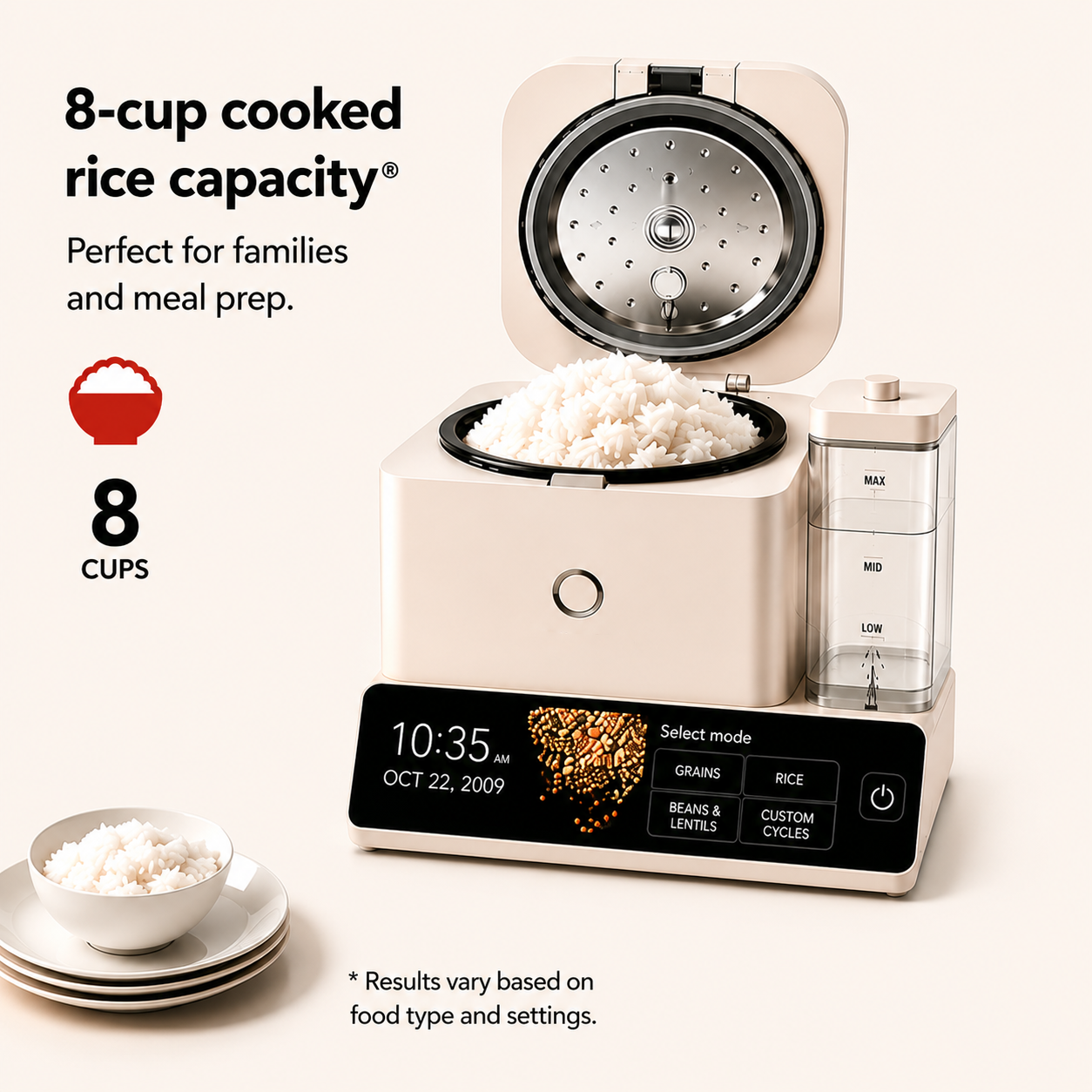 Cup Grain and Rice Cooker, Integrated Scale, Black Matte | Automatically Sensing Grain-to-Liquid Ratio, Removable Steamer Basket, Water tank, 21 Preset Cooking Options,