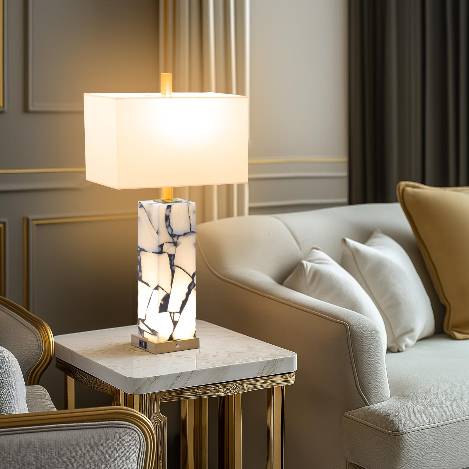 DEMILARE 2-Piece Natural Marble Alabaster LED Table Lamp Sets - 3-Color Temperature, Nightlight Mode, Fastcharging USB Ports, AC Power Supply, Adjustable Modern Artistic Novelty Led Light for Home Bedroom House Decor,BackToSchool