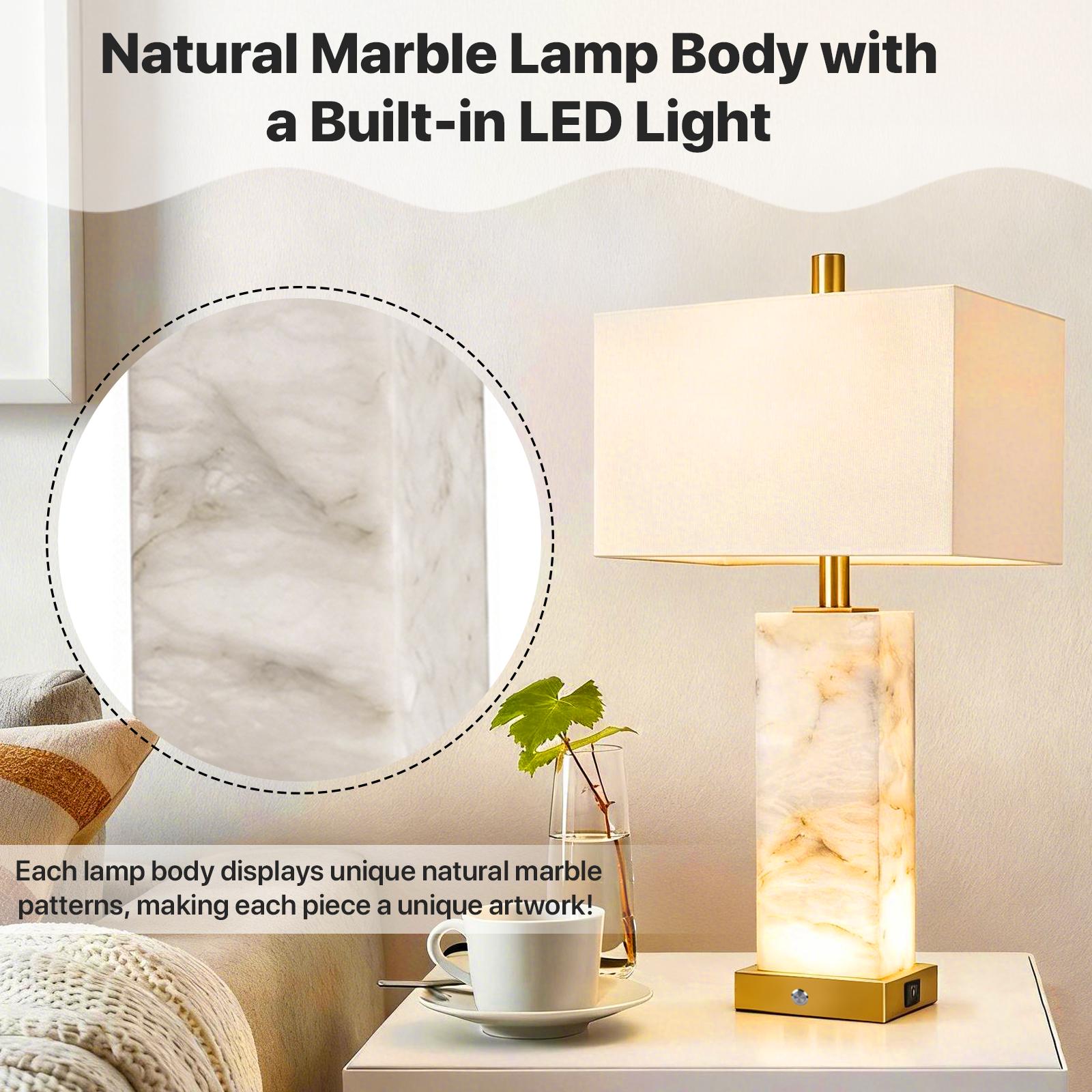 DEMILARE 2-Piece Natural Marble Alabaster LED Table Lamp Sets - 3-Color Temperature, Nightlight Mode, Fastcharging USB Ports, AC Power Supply, Adjustable Modern Artistic Novelty Led Light for Home Bedroom House Decor,BackToSchool