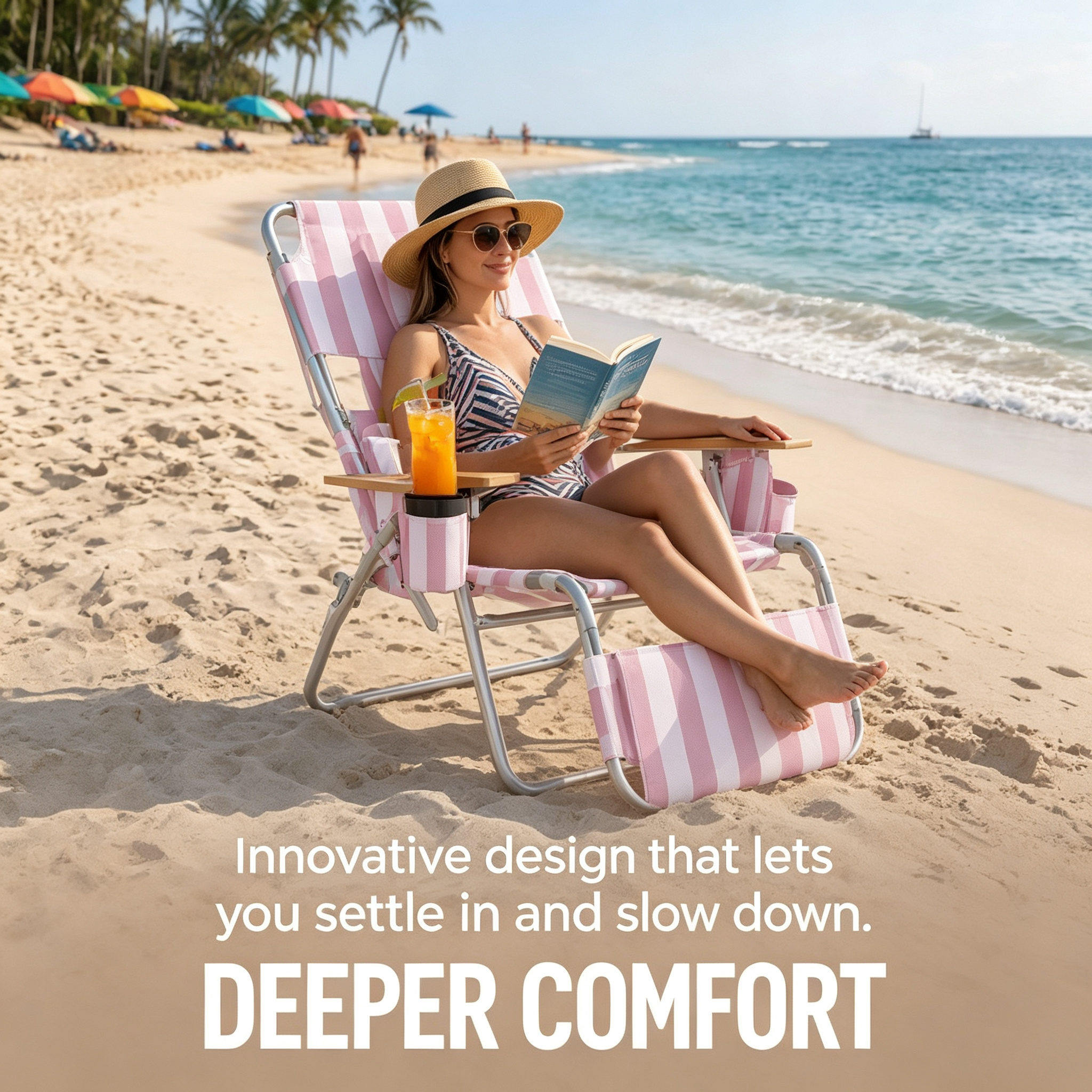 3-in-1 Folding Beach Lounge Chair, Adjustable Backrest & Footrest, Cup Holders, 330 LBS