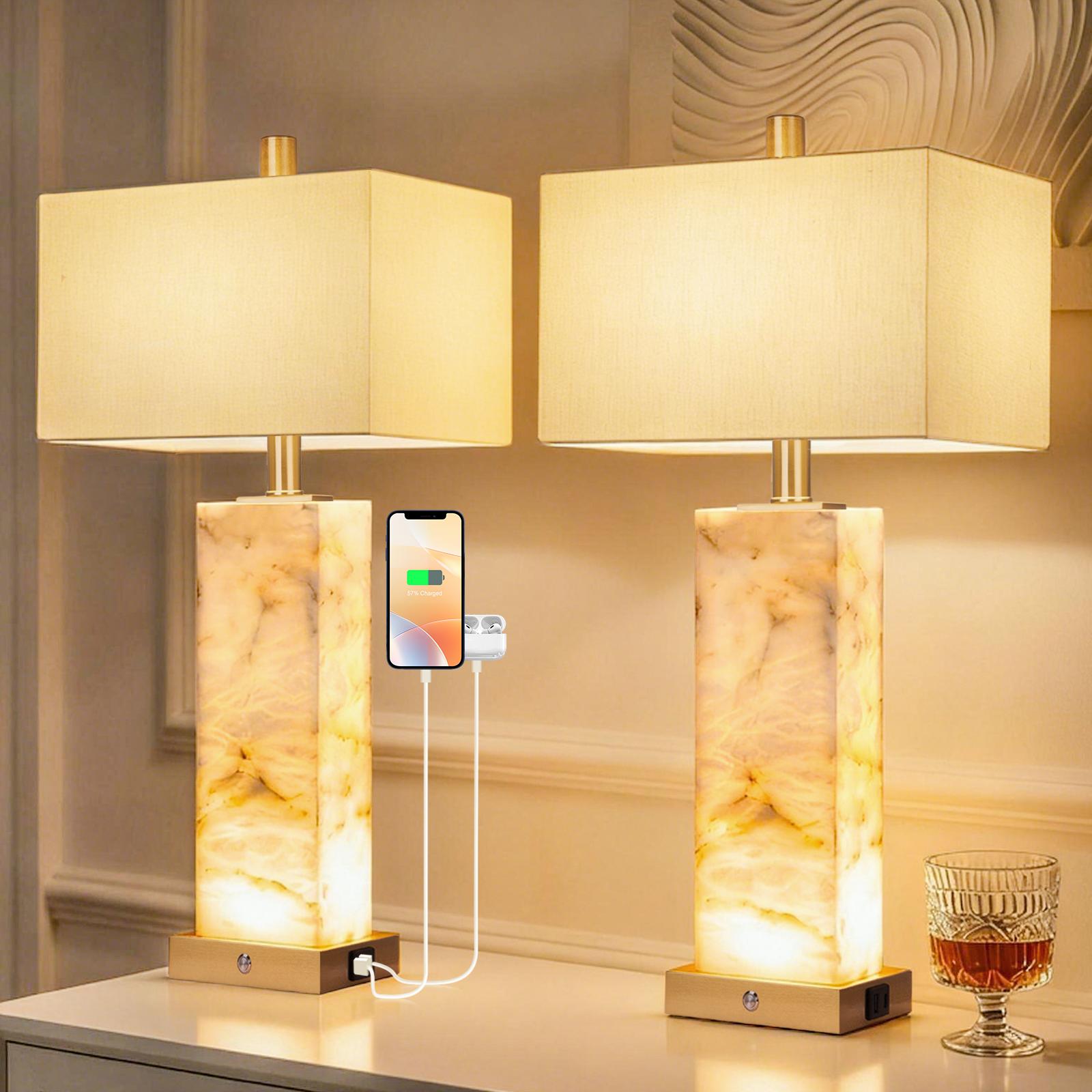 DEMILARE 2-Piece Natural Marble Alabaster LED Table Lamp Sets - 3-Color Temperature, Nightlight Mode, Fastcharging USB Ports, AC Power Supply, Adjustable Modern Artistic Novelty Led Light for Home Bedroom House Decor,BackToSchool