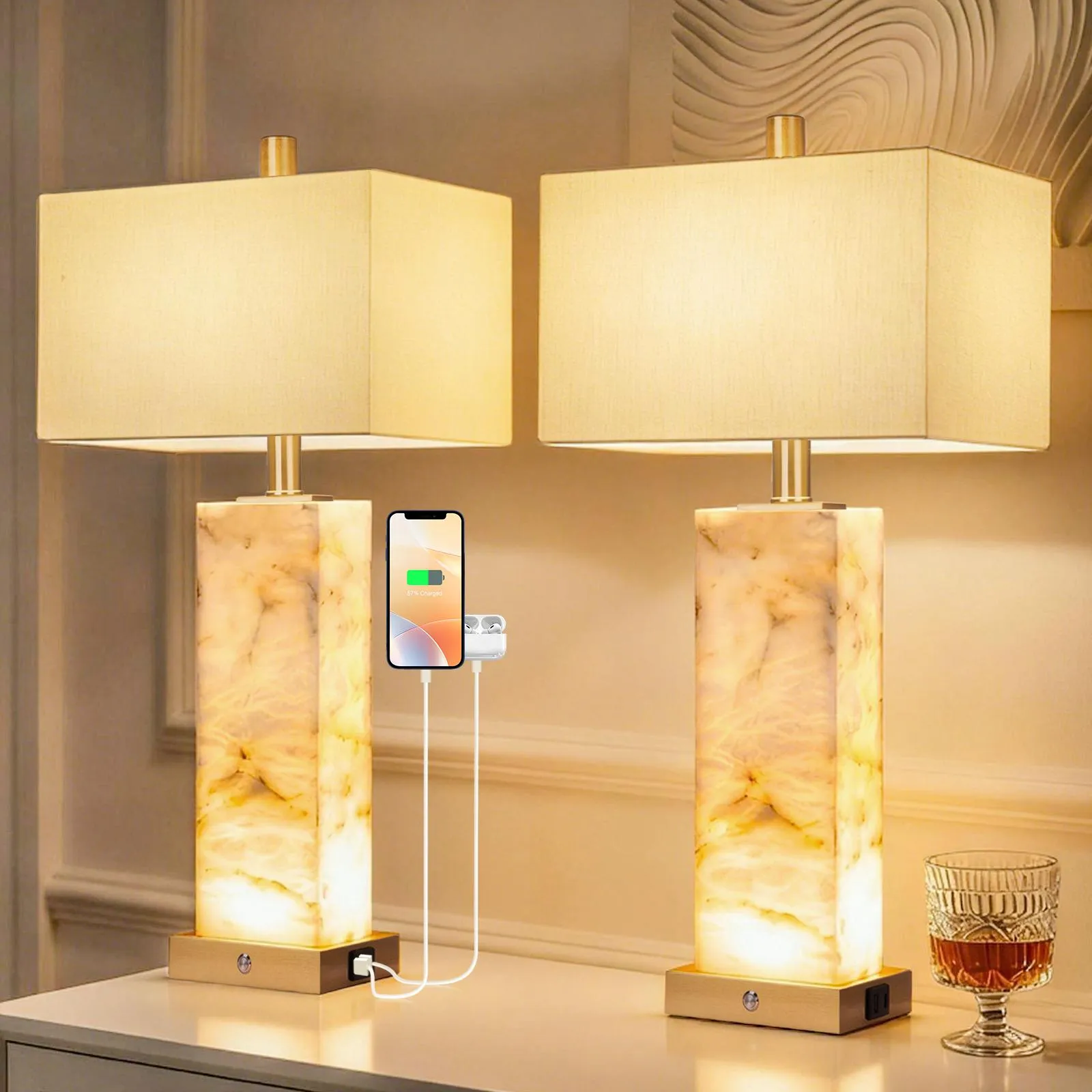 Marble Alabaster LED Table Lamp Set