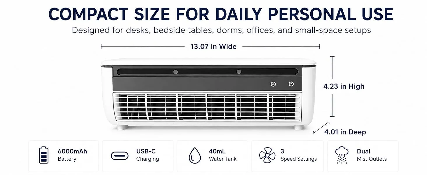 No-Drill Wall Mounted Mist Fan, Rechargeable Portable Air Cooler Fan with Semiconductor Cooling Plate, 6000mAh USB-C Desk Fan with Round Remote, 3 Speeds for Bedroom, Kitchen, Office (White)