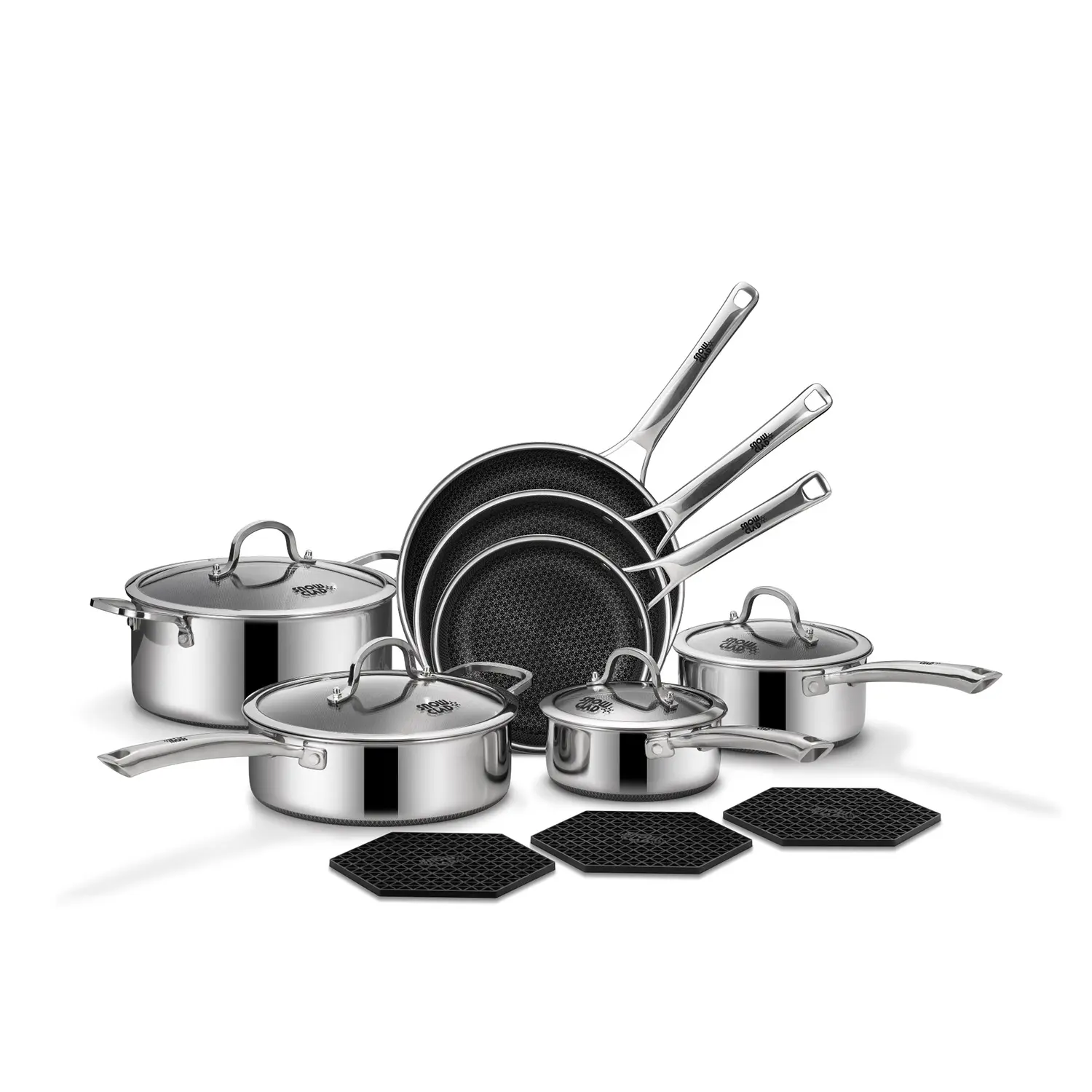 Summervibes SNOWCLAD 10-Pcs / 14-Pcs Hybrid Cookware Set – Nonstick Stainless Steel Pots and Pans Set, Induction Ready Frying Pans, Saucepans, Saute Pan & Stock Pot, PFOA Free