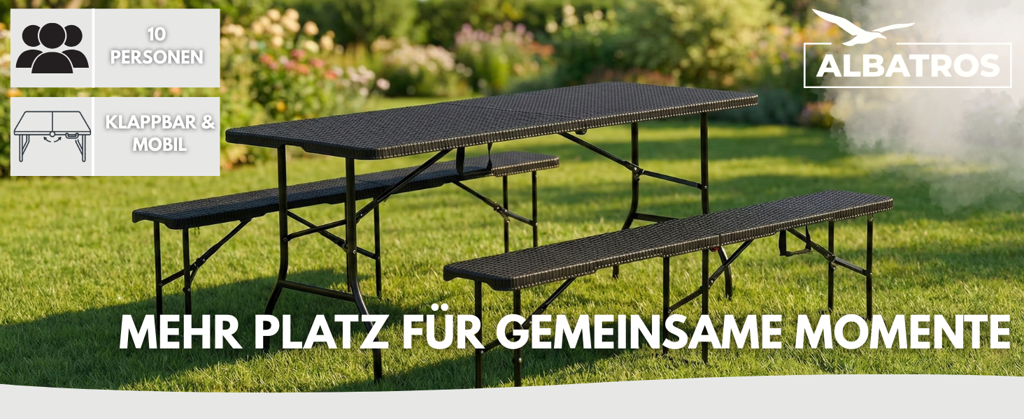 3-piece folding outdoor beer table set with two benches on green lawn