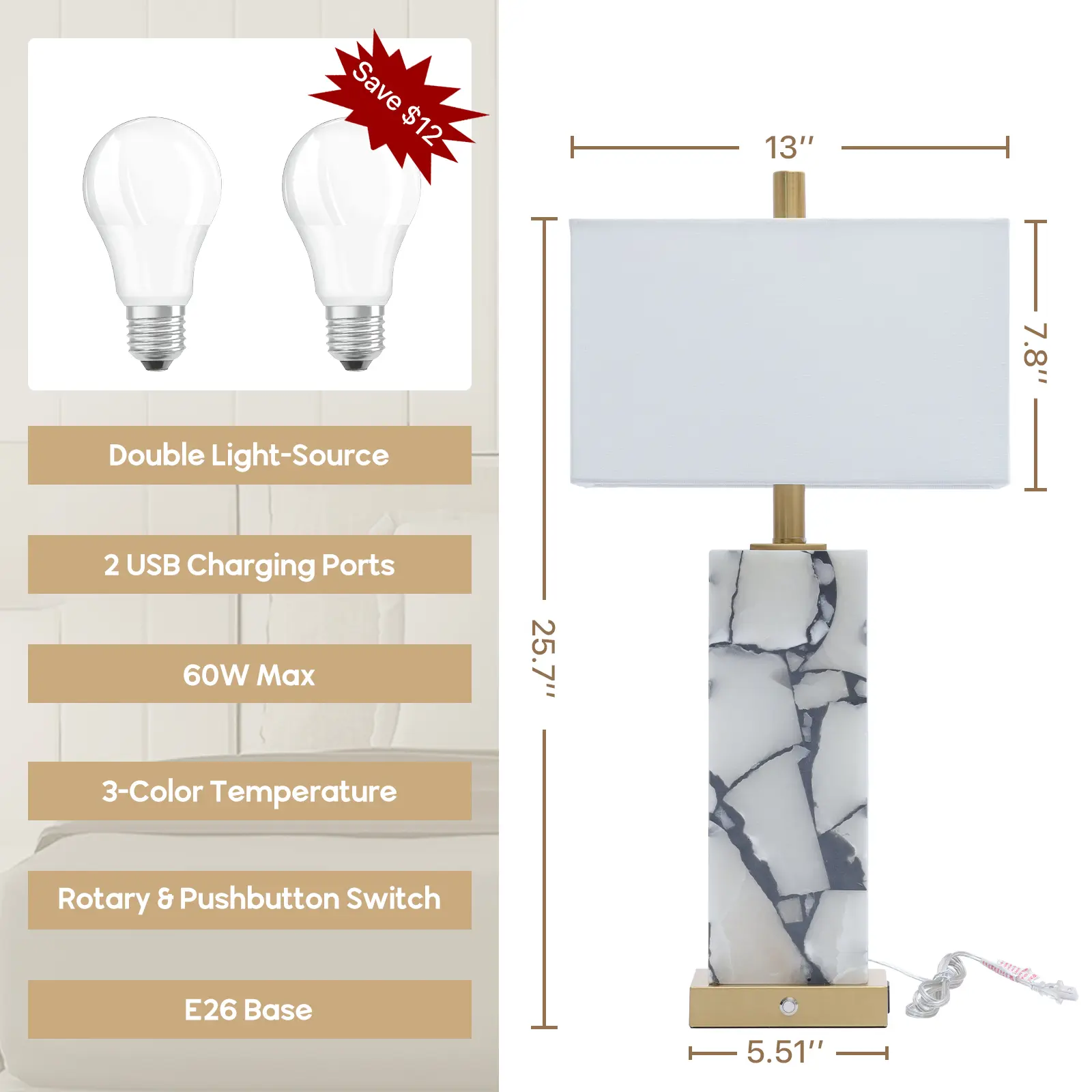 Marble Alabaster LED Table Lamp Set