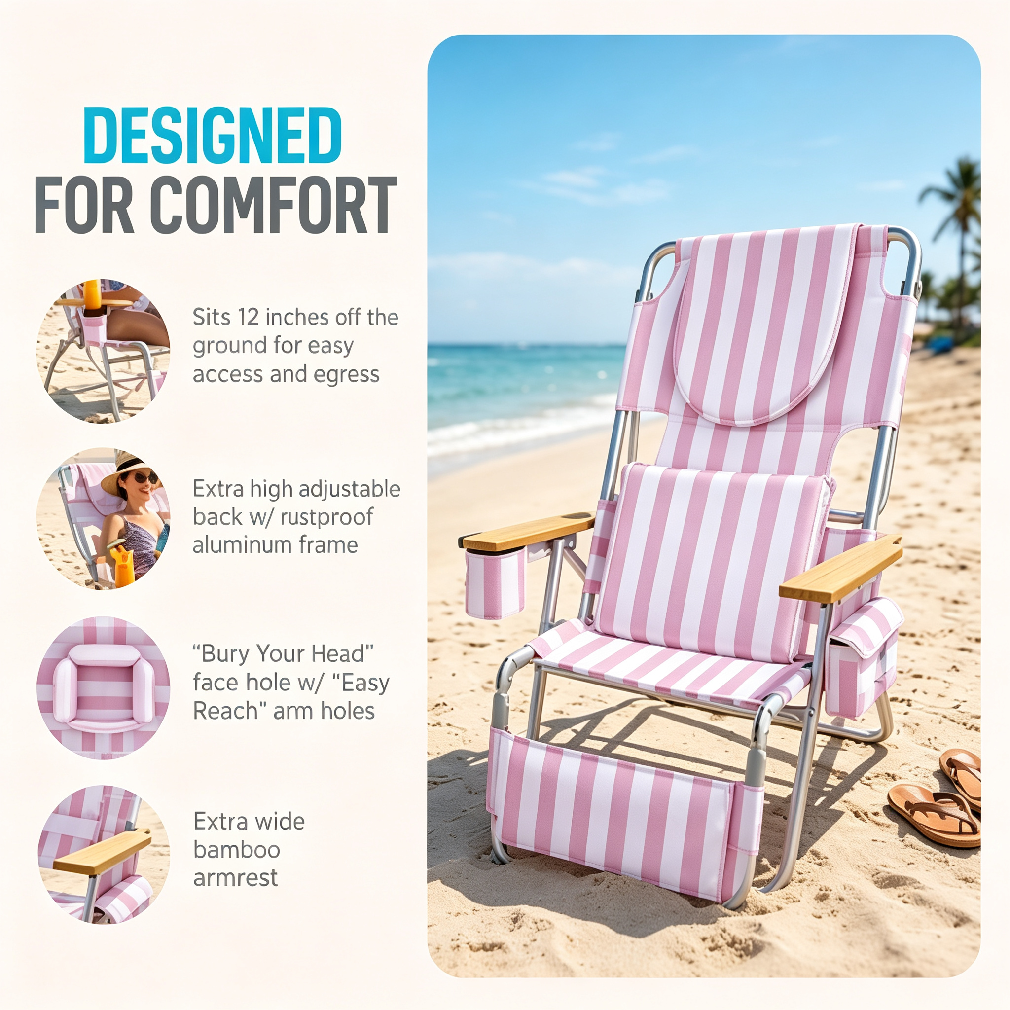 3-in-1 Folding Beach Lounge Chair, Adjustable Backrest & Footrest, Cup Holders, 330 LBS