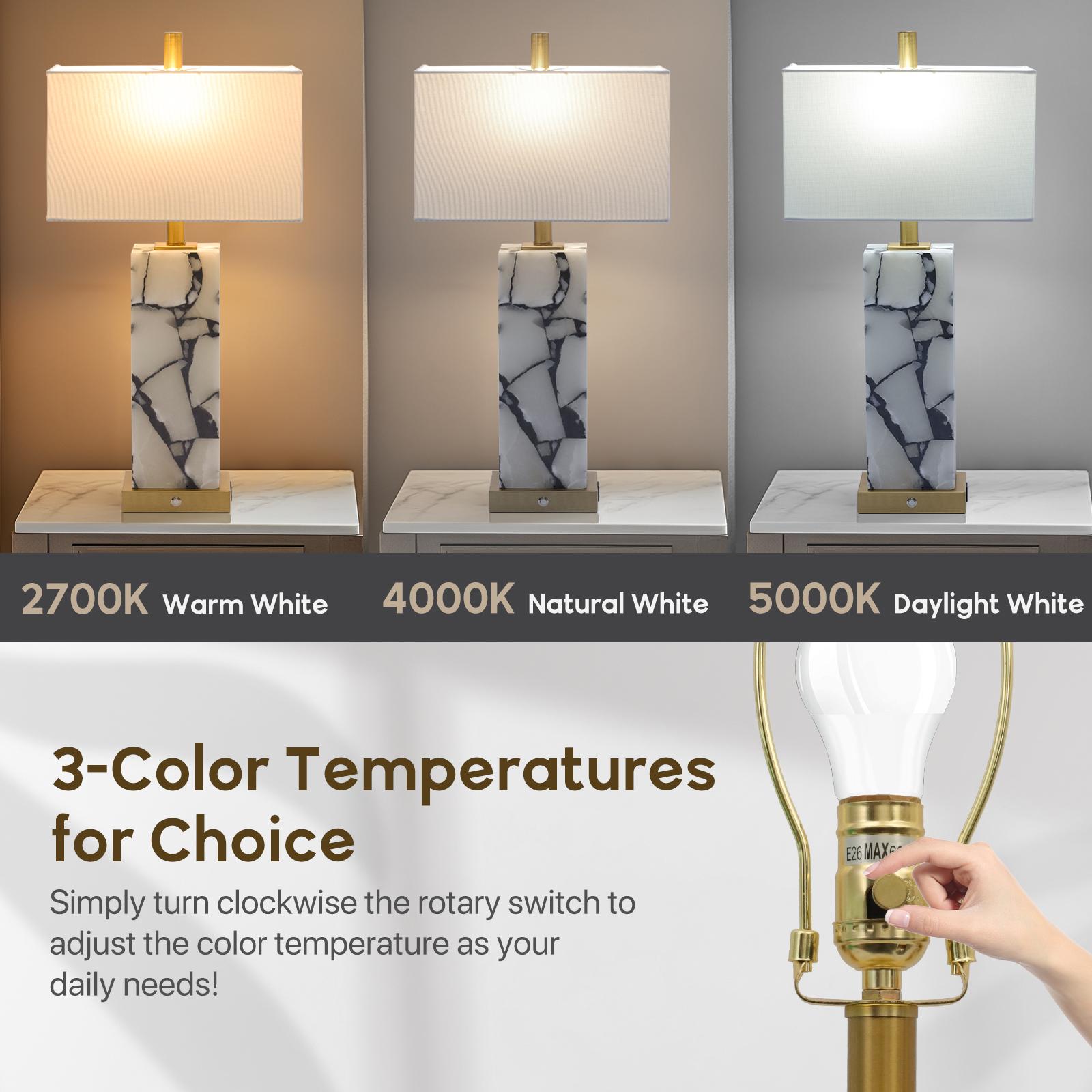 DEMILARE 2-Piece Natural Marble Alabaster LED Table Lamp Sets - 3-Color Temperature, Nightlight Mode, Fastcharging USB Ports, AC Power Supply, Adjustable Modern Artistic Novelty Led Light for Home Bedroom House Decor,BackToSchool