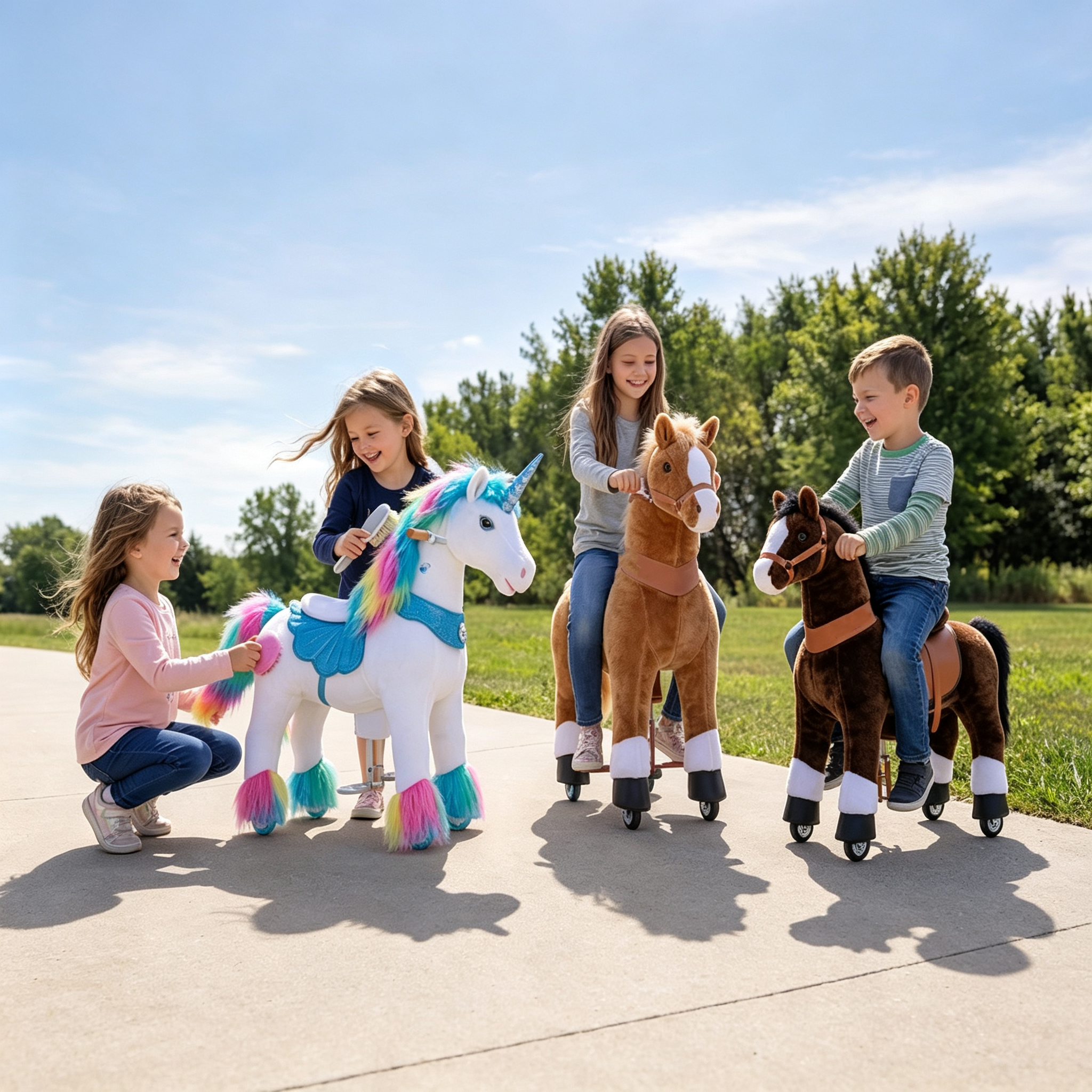  🎉 (Summer Sale!) 🎉Interactive Mechanical Riding Horse Toy with Brake – Non-Electric Plush Ride-On Pony for Kids Ages 4-7 (Brown)