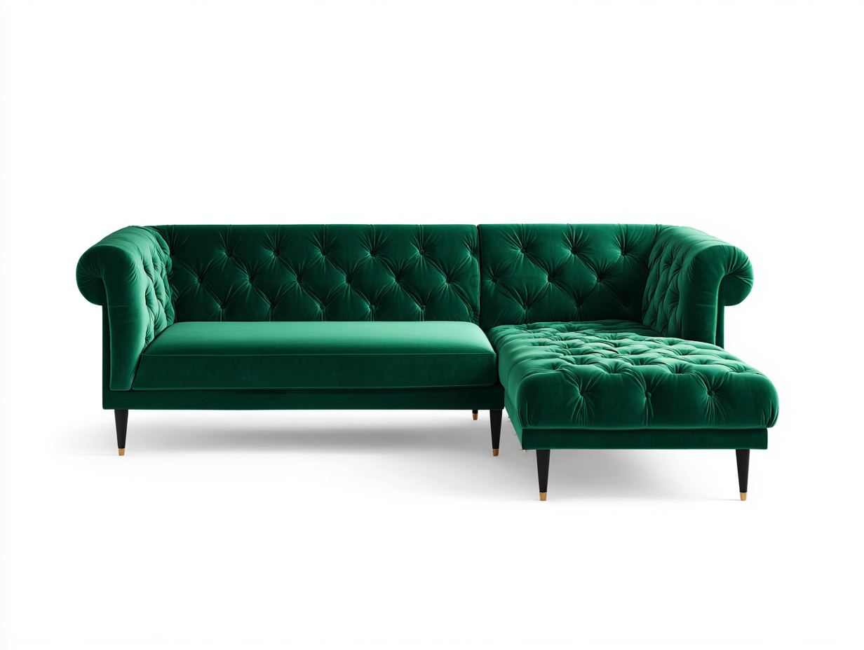 Divano angolare in velluto verde smeraldo 225x150x78 cm per soggiorno - design Chesterfield con chaise longue-Milolihaus