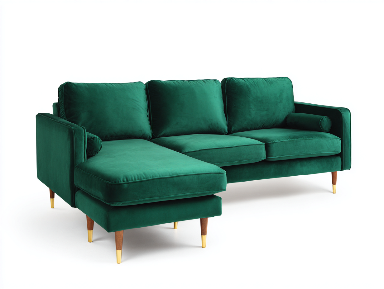 Divano angolare in velluto 255x160x84 cm verde smeraldo per soggiorno - design moderno con chaise longue-Milolihaus