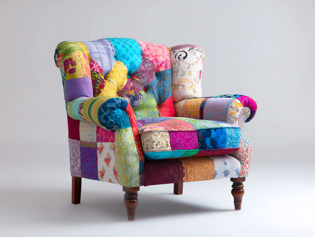 Poltrona in tessuto patchwork multicolore 82x78x96 cm per soggiorno - design classico con schienale trapuntato-Milolihaus