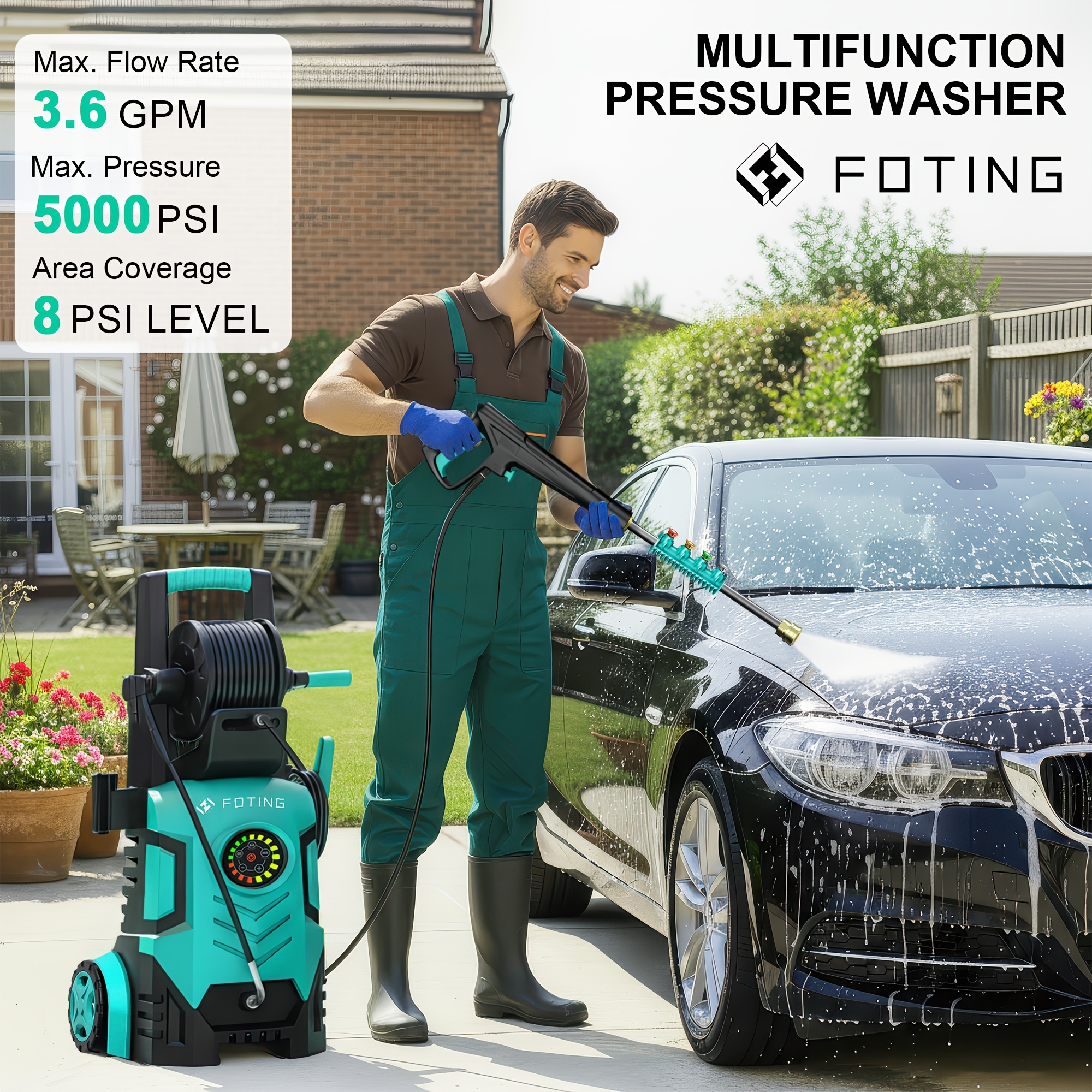 2026 new Pressure Washer 5000PSI 2.4GPM-3.6GPM with Adj-8-Level Touch Screen, 34" Tall Power Washer, 4 Quick Connect Nozzles, Inlet Hose&Filterfor Cars/Fences/Driveways
