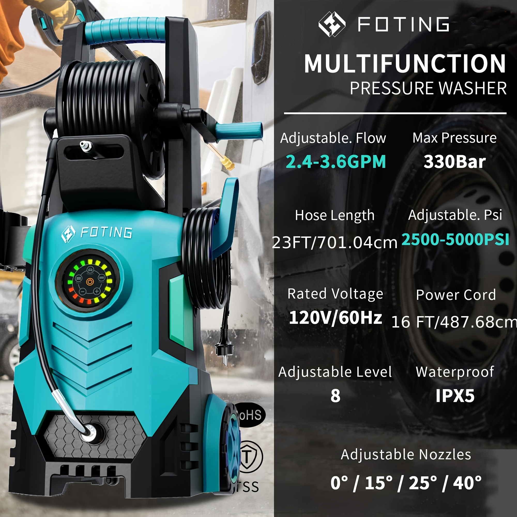 2026 new Pressure Washer 5000PSI 2.4GPM-3.6GPM with Adj-8-Level Touch Screen, 34" Tall Power Washer, 4 Quick Connect Nozzles, Inlet Hose&Filterfor Cars/Fences/Driveways