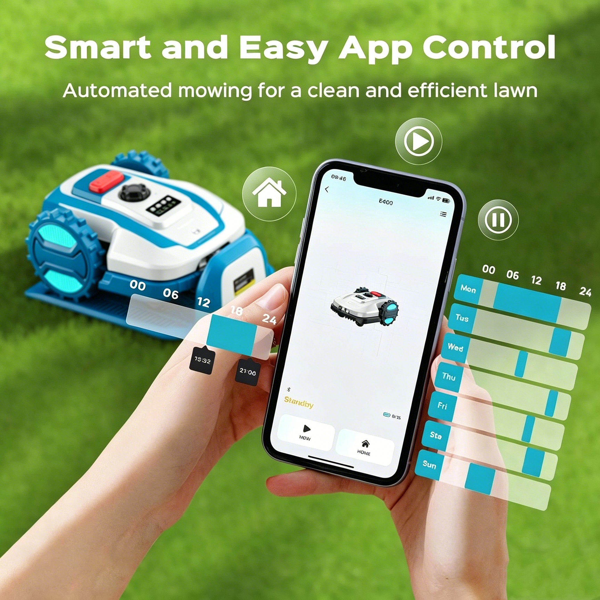 Robot Lawn Mower with App Control – Adjustable Cutting Height, Auto-Charging, Ob
