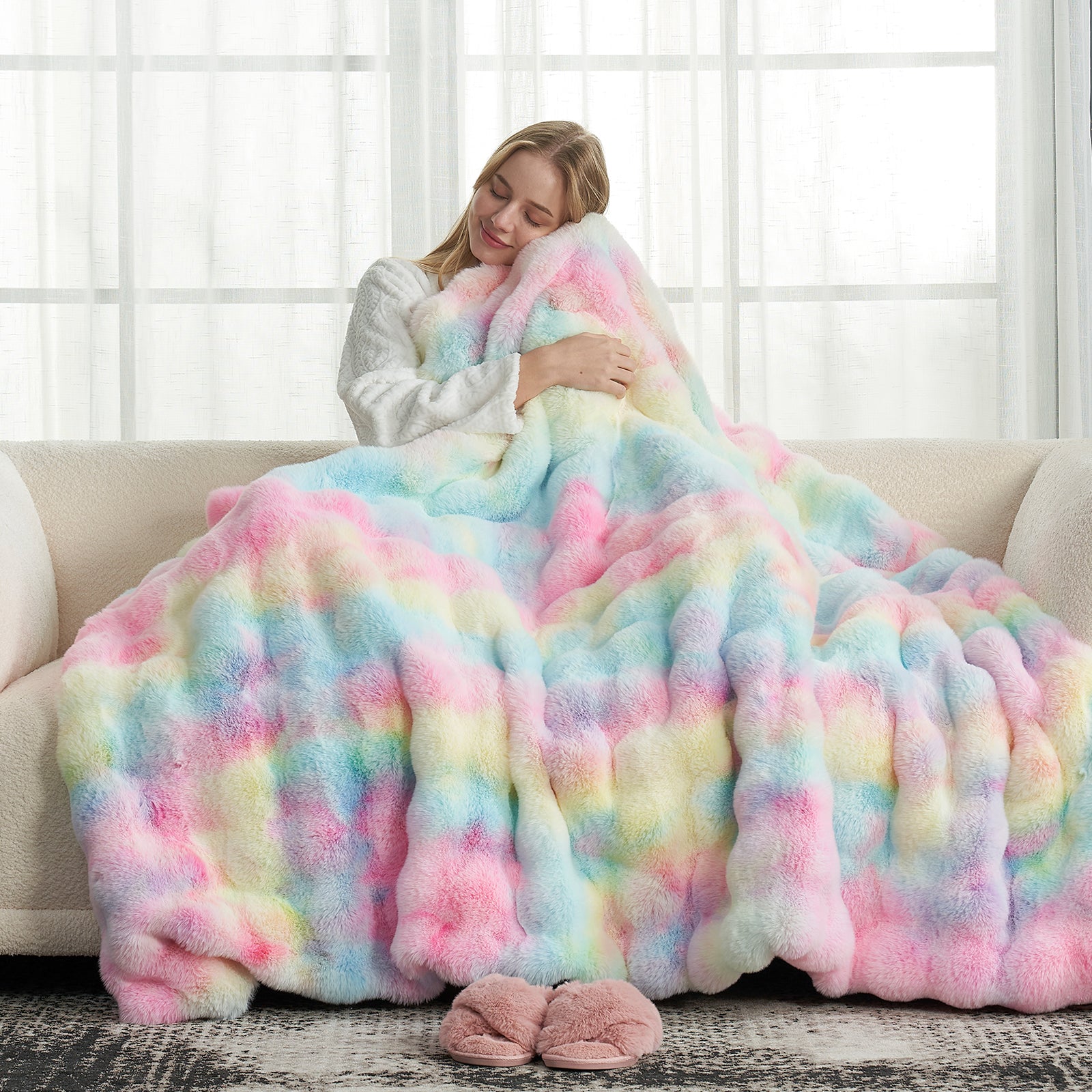 Bubble Faux Fur Throw Blanket - Tie-dye Pink